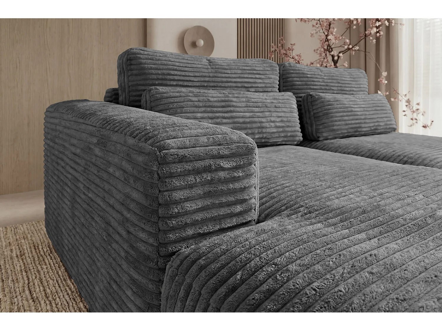 AGATHE - Canapé d'angle convertible gros velours côtelé 4 places - Gris foncé - Droit