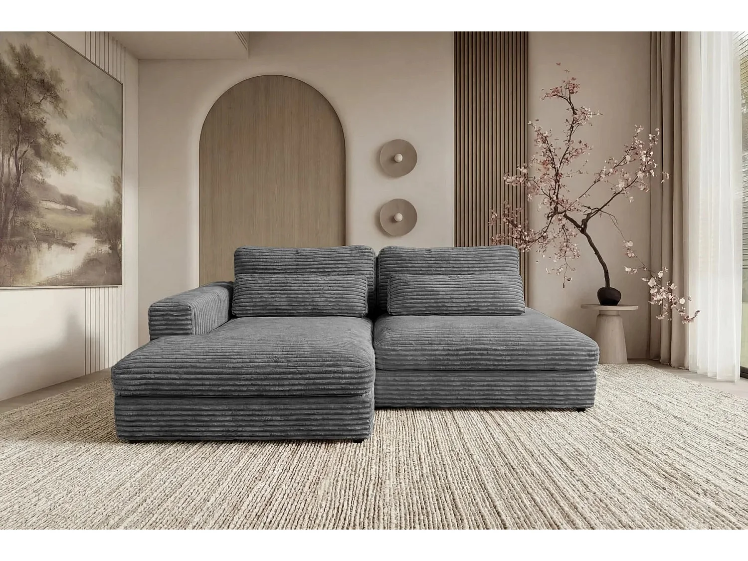 AGATHE - Canapé d'angle convertible gros velours côtelé 4 places - Gris foncé - Droit