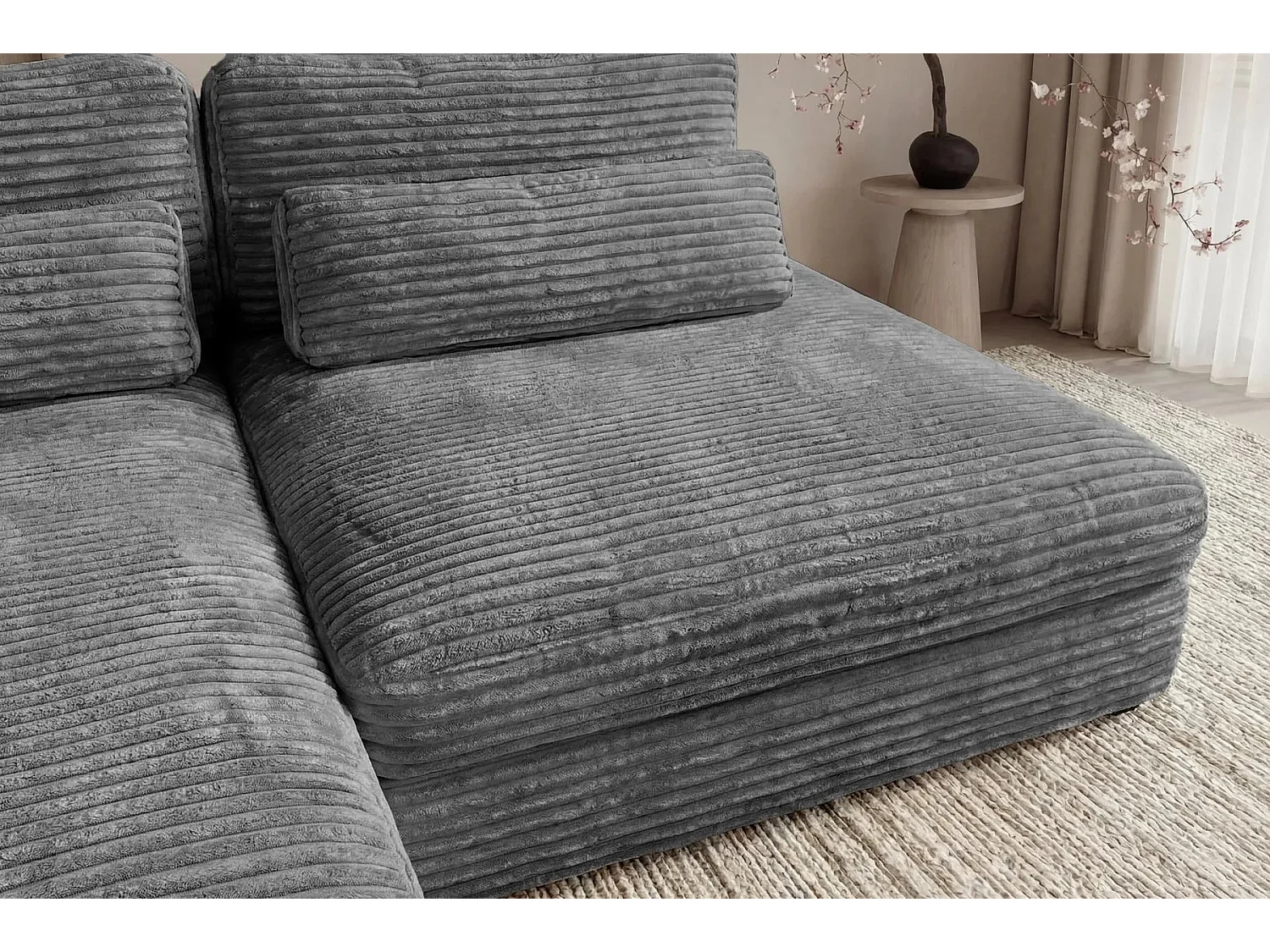 AGATHE - Canapé d'angle convertible gros velours côtelé 4 places - Gris foncé - Droit