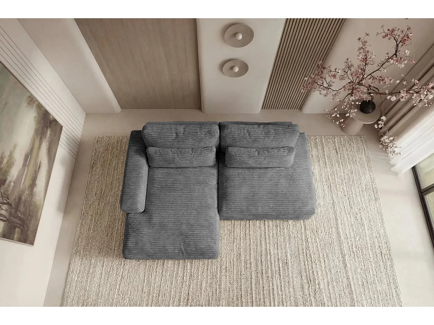 Canapé d'angle convertible 4 places en velours côtelé gris foncé