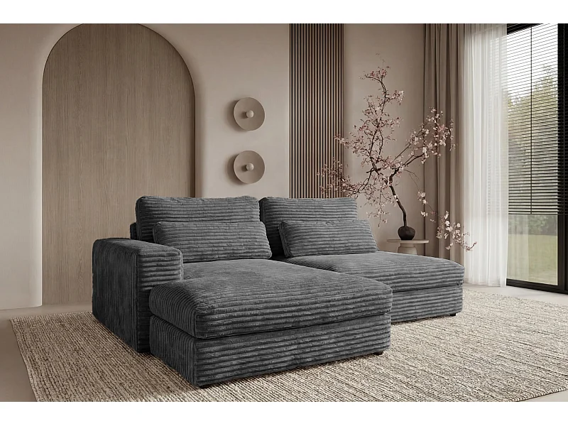 AGATHE - Canapé d'angle convertible gros velours côtelé 4 places - Gris foncé - Droit