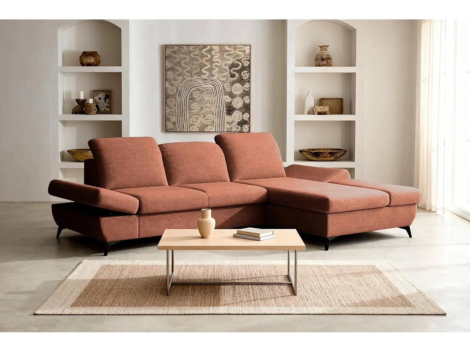 LIVIA - Canapé d'angle convertible tissu chiné 4 places - Terracotta - Gauche