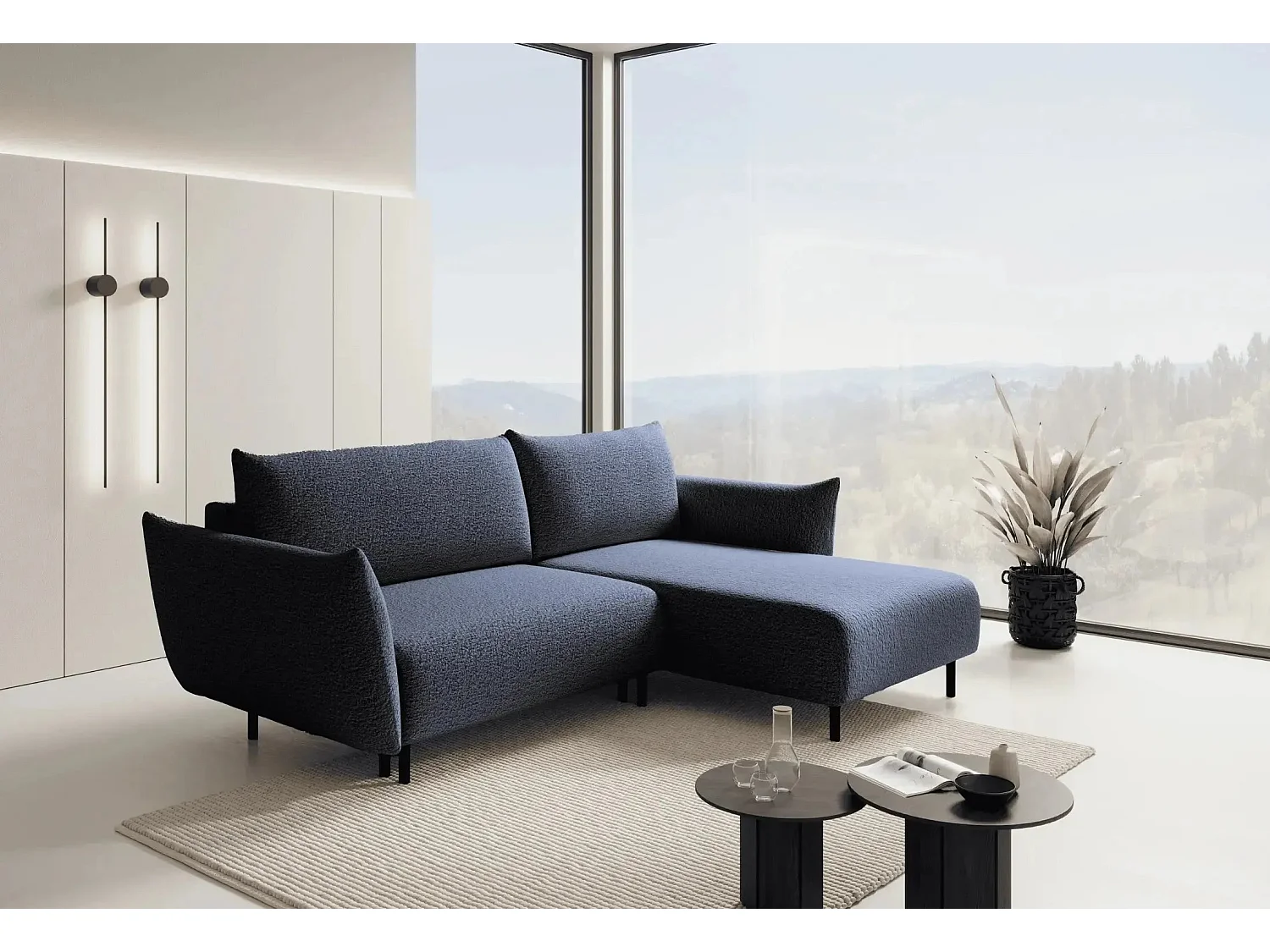 ALIX - Canapé d'angle convertible tissu bouclette 4 places - Bleu