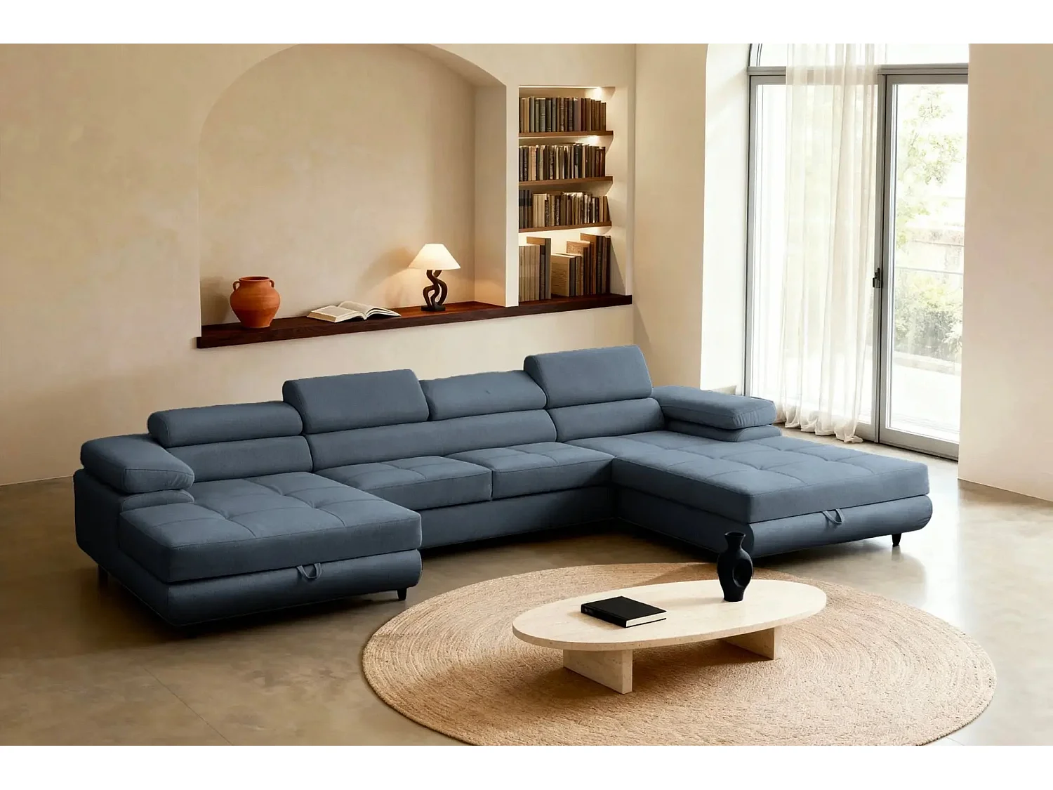 CHARLIE - Canapé panoramique convertible tissu chiné 5 places - Bleu