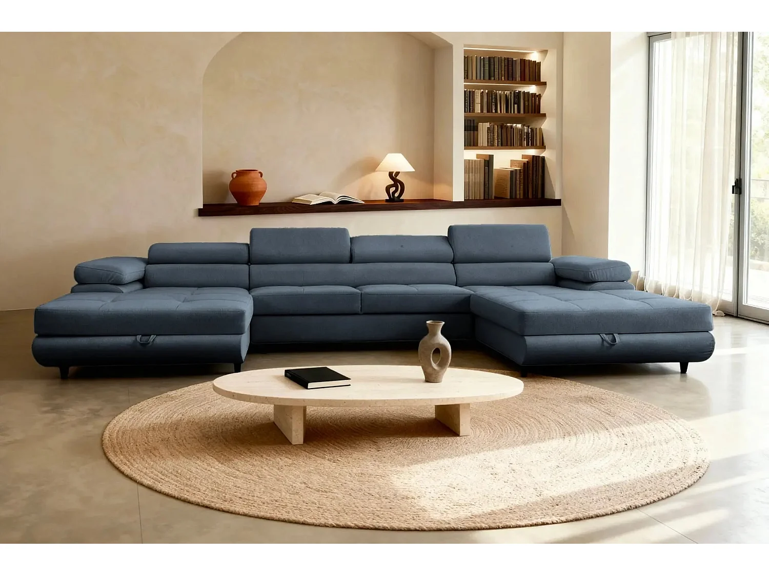 CHARLIE - Canapé panoramique convertible tissu chiné 5 places - Bleu