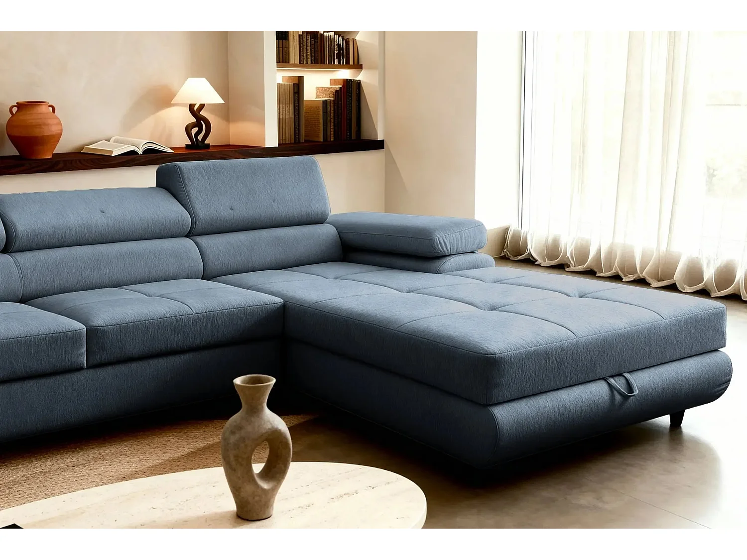 CHARLIE - Canapé panoramique convertible tissu chiné 5 places - Bleu