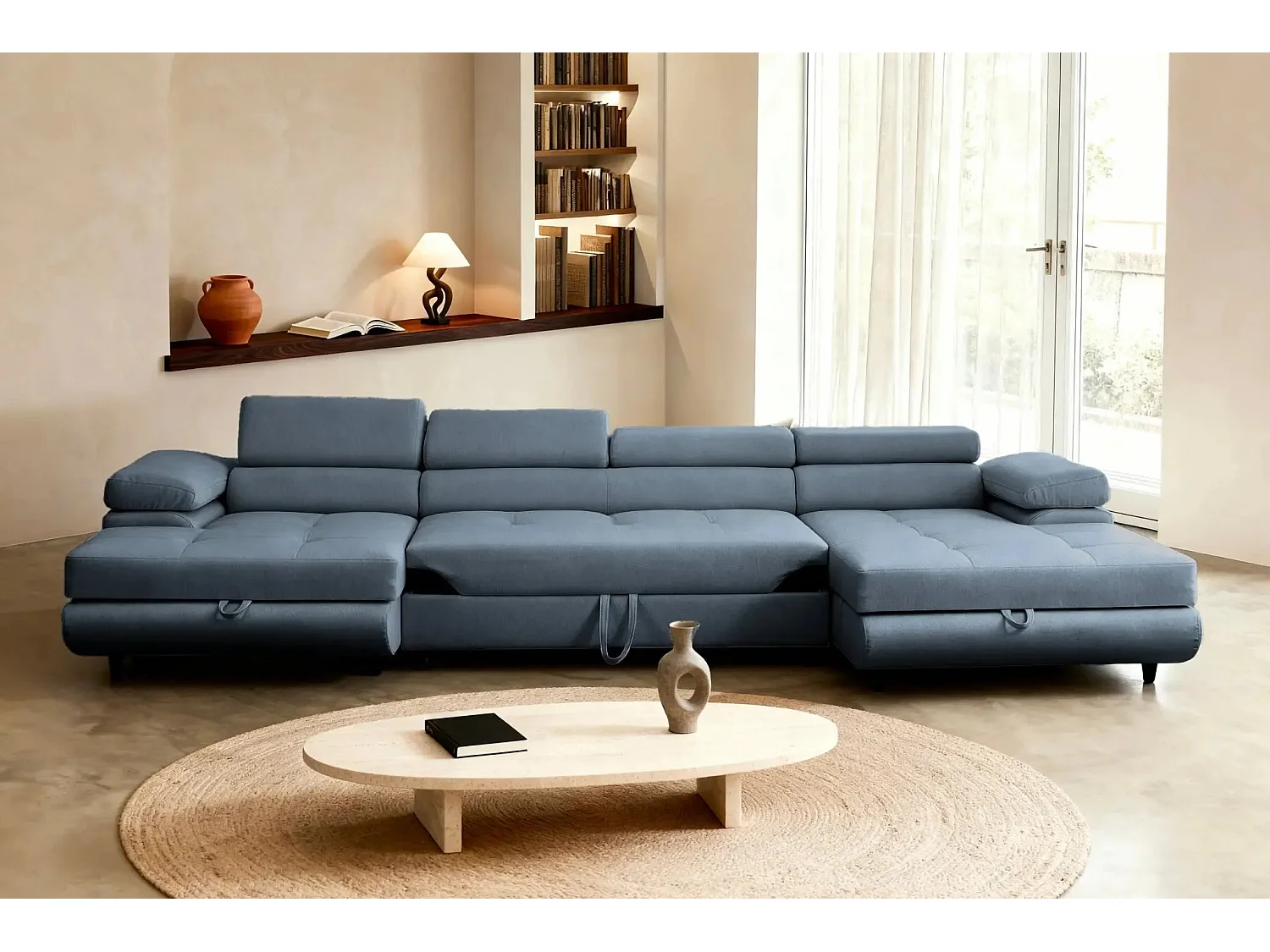 CHARLIE - Canapé panoramique convertible tissu chiné 5 places - Bleu