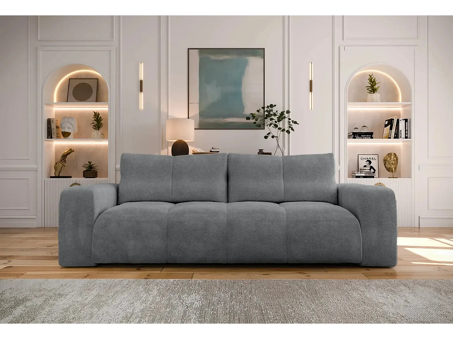 CONSTANCE - Canapé droit convertible tissu bouclette 3 places - Gris anthracite