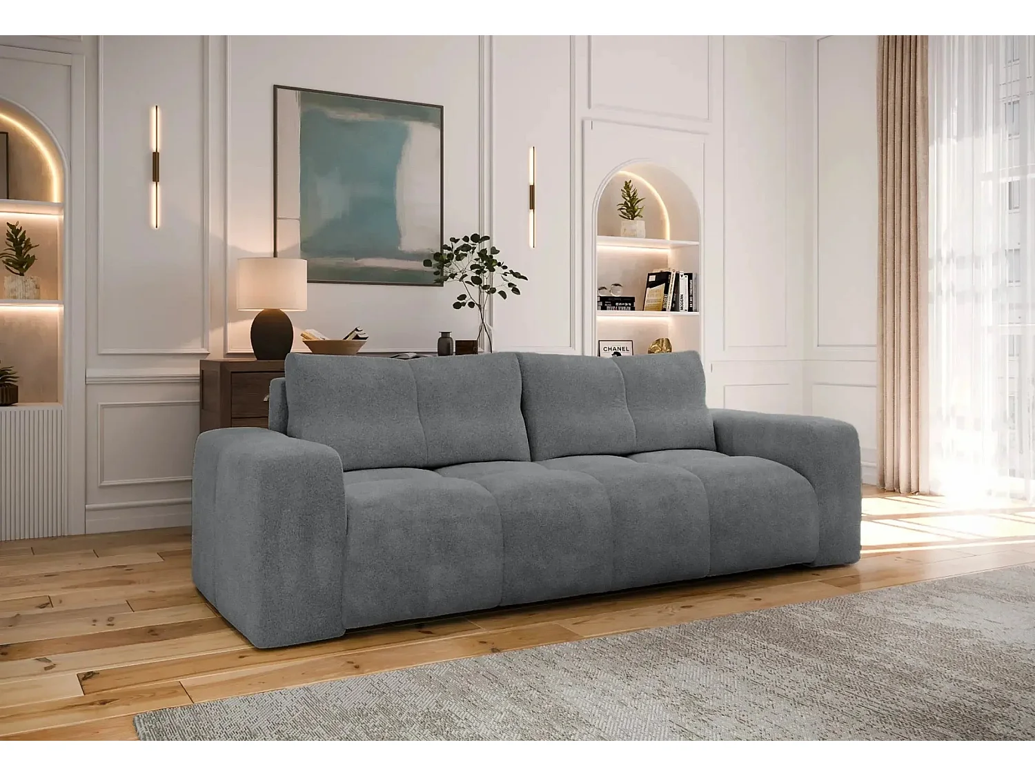 CONSTANCE - Canapé droit convertible tissu bouclette 3 places - Gris anthracite