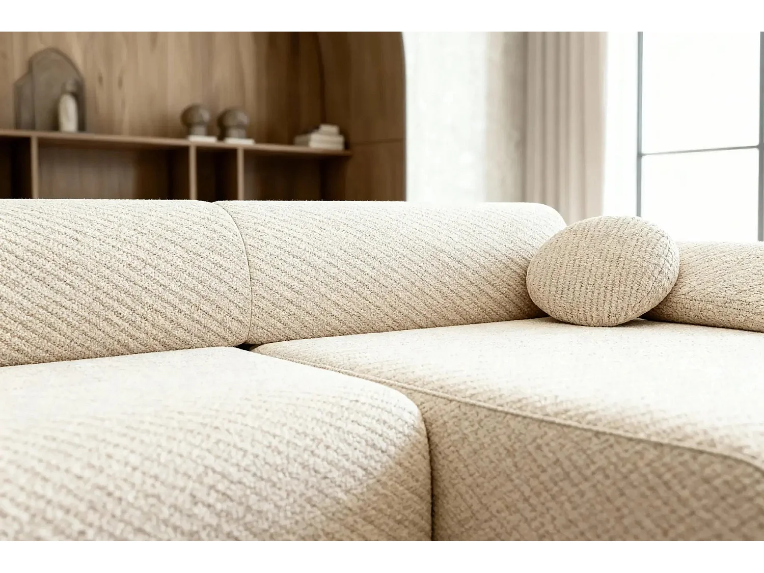 LEVI - Canapé d'angle convertible tissu lisse 3 places - Beige - Gauche