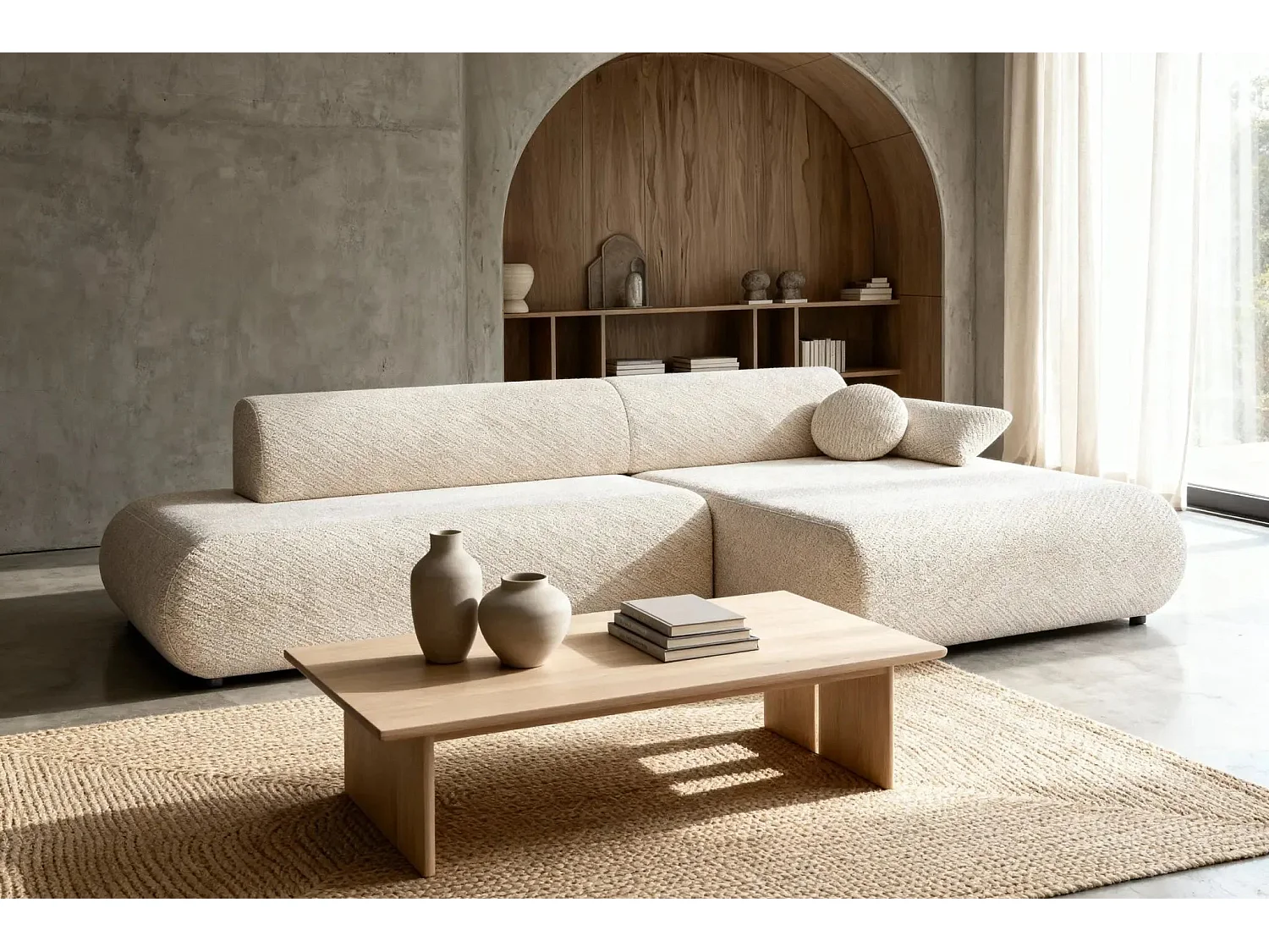 LEVI - Canapé d'angle convertible tissu lisse 3 places - Beige - Gauche