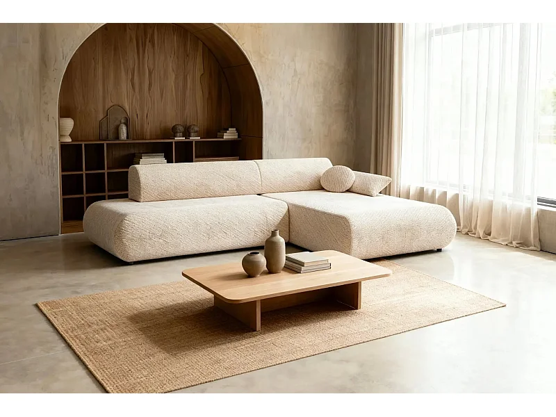 LEVI - Canapé d'angle convertible tissu lisse 3 places - Beige - Gauche