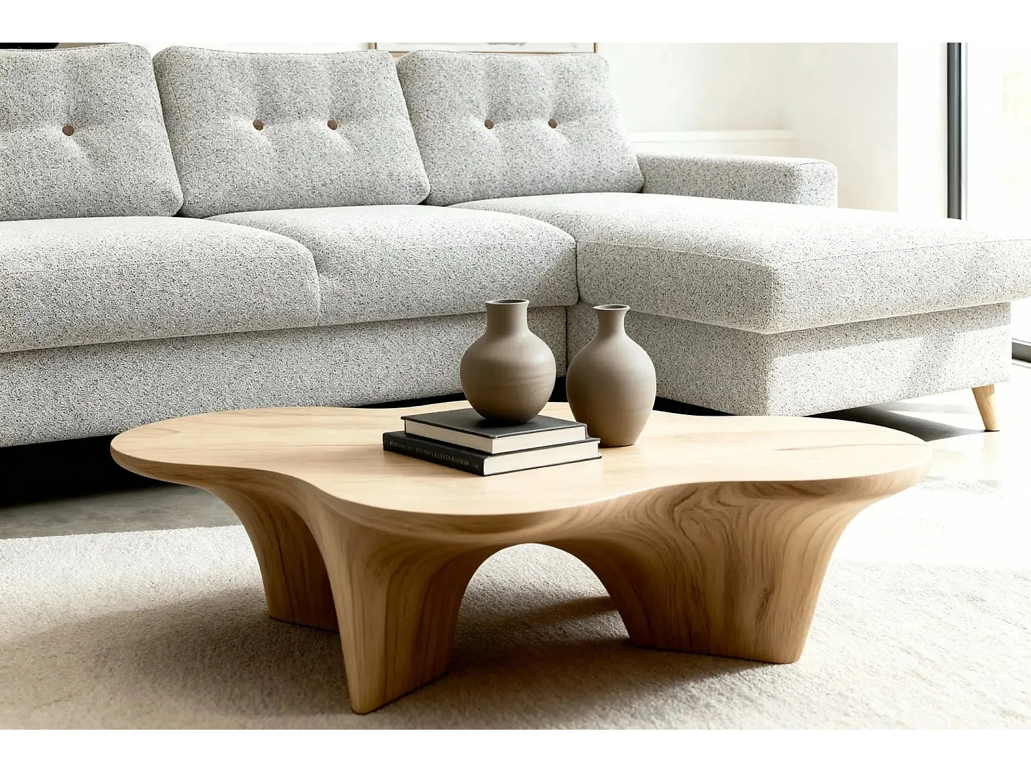 GASPARD - Canapé d'angle convertible tissu bouclette 4 places - Beige - Droit