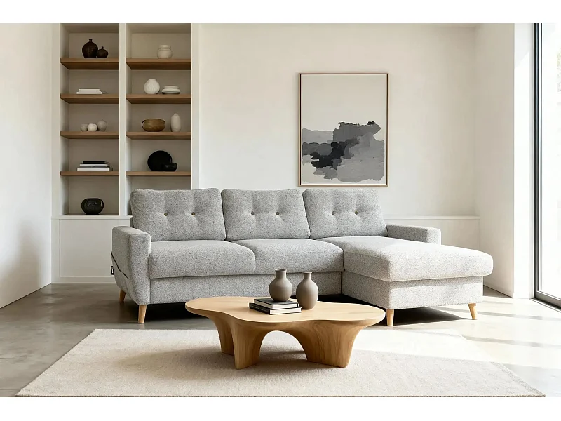 GASPARD - Canapé d'angle convertible tissu bouclette 4 places - Beige - Droit