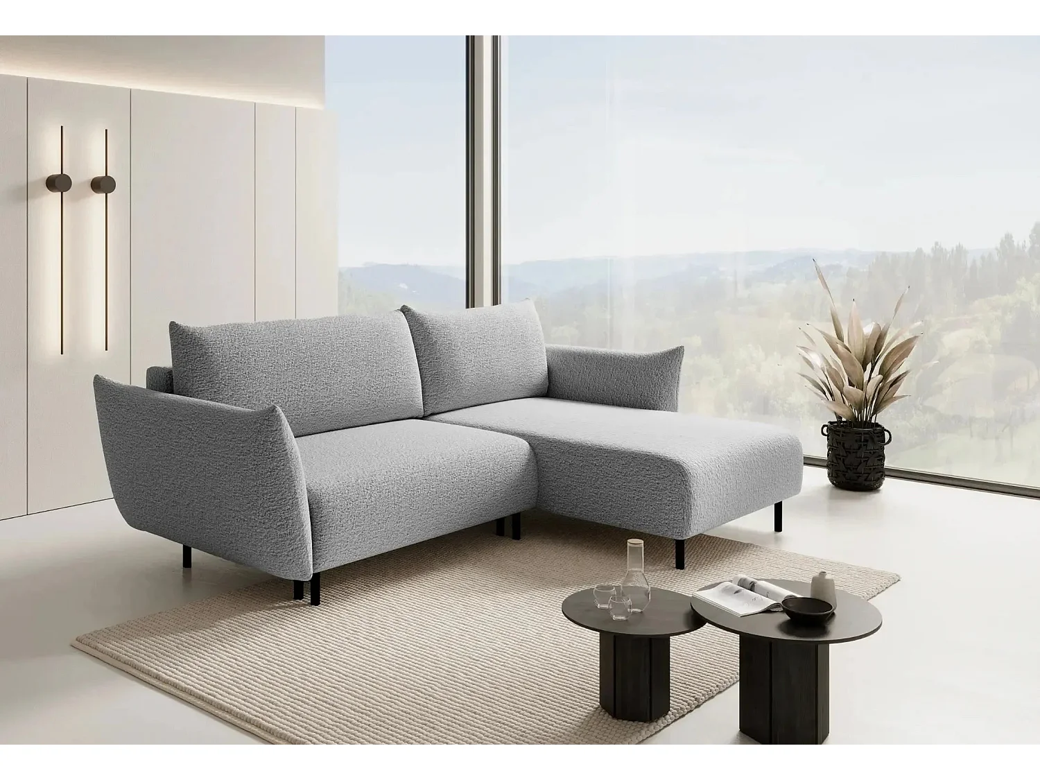 ALIX - Canapé d'angle convertible tissu bouclette 4 places - Gris clair