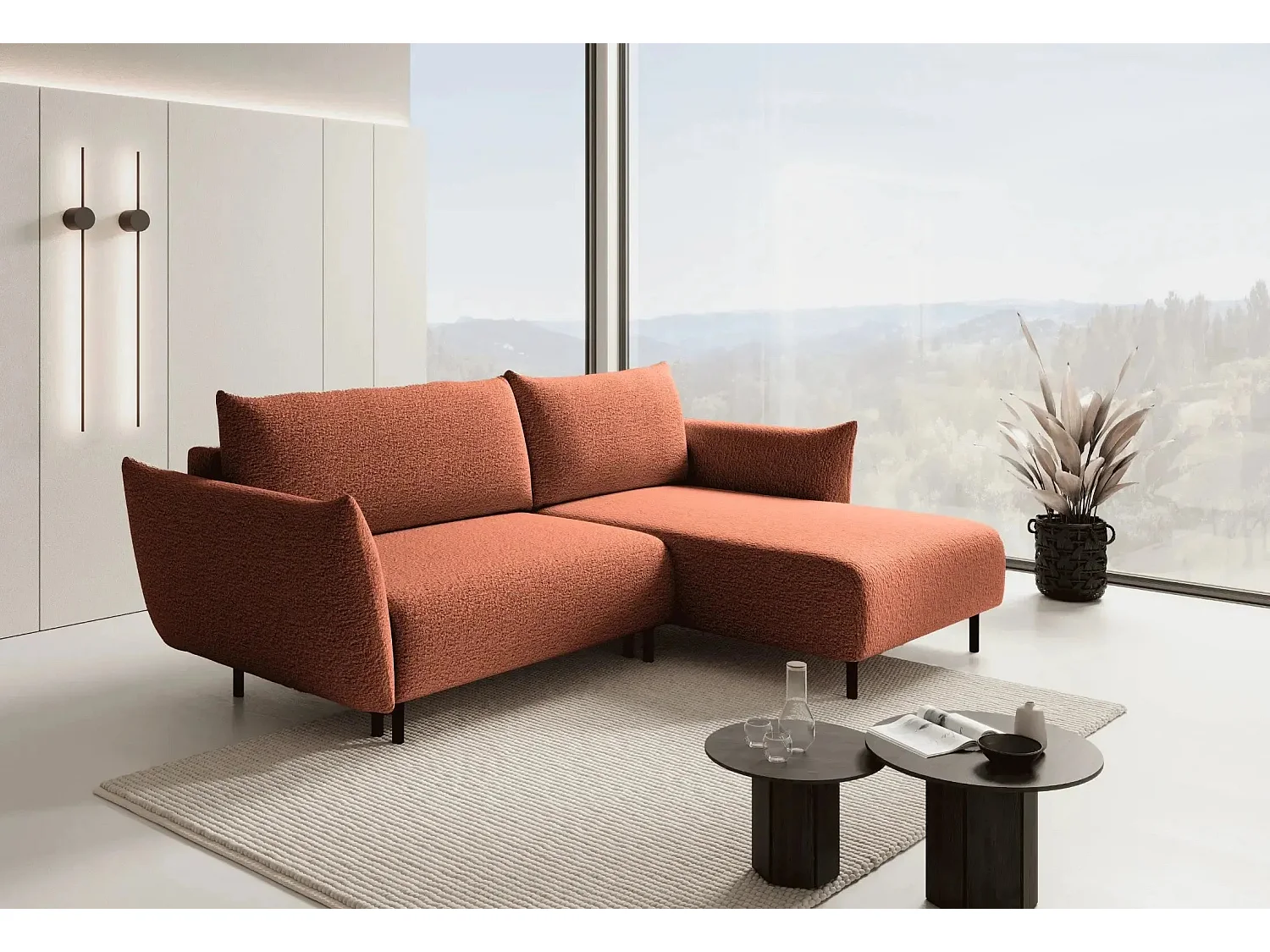 ALIX - Canapé d'angle convertible tissu bouclette 4 places - Terracotta