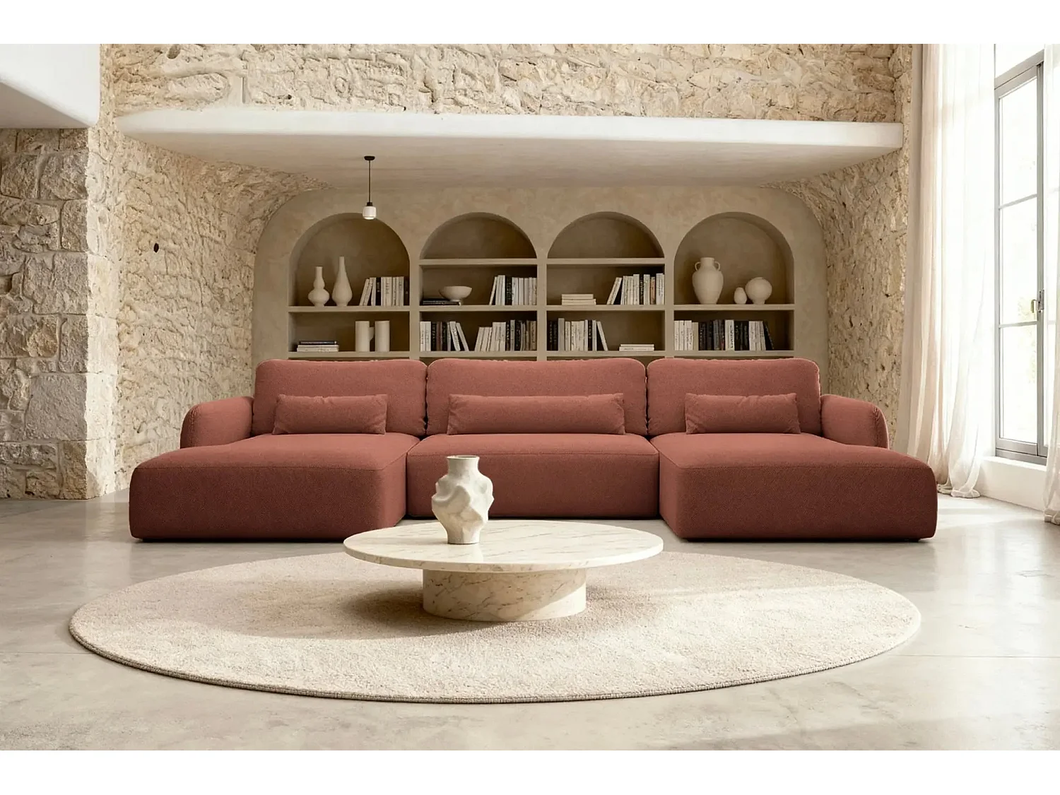 GIGI - Canapé panoramique convertible tissu bouclette 5 places - Terracotta