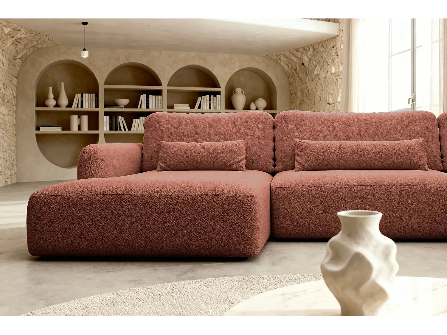 GIGI - Canapé panoramique convertible tissu bouclette 5 places - Terracotta