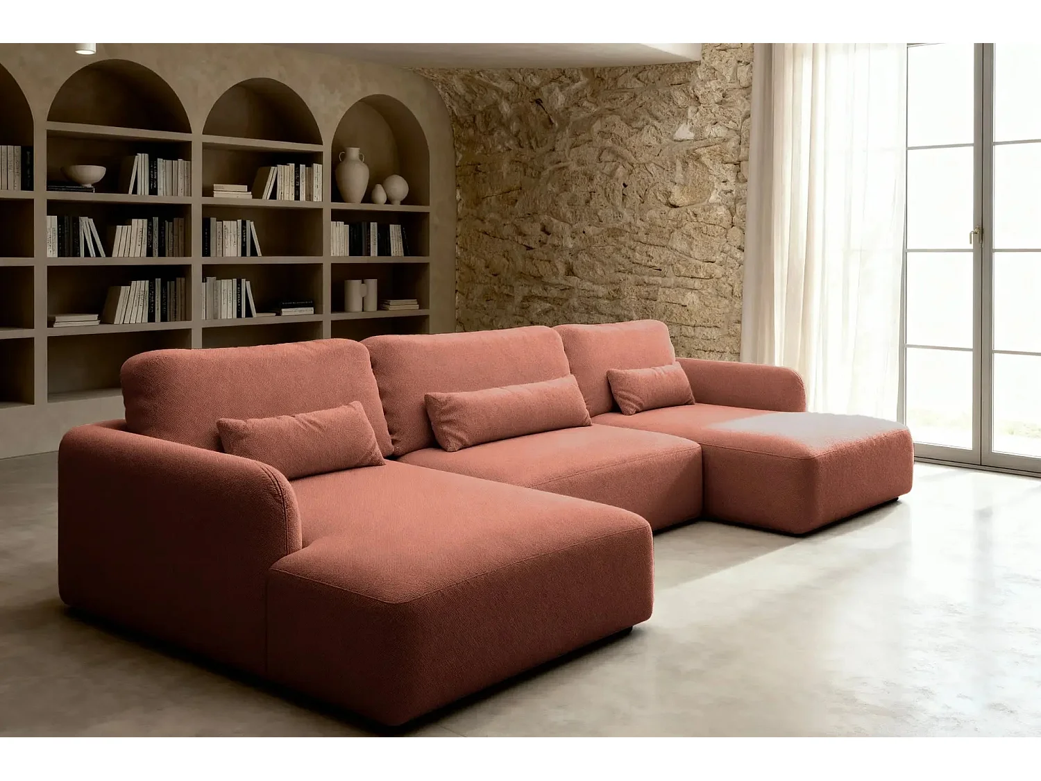 GIGI - Canapé panoramique convertible tissu bouclette 5 places - Terracotta