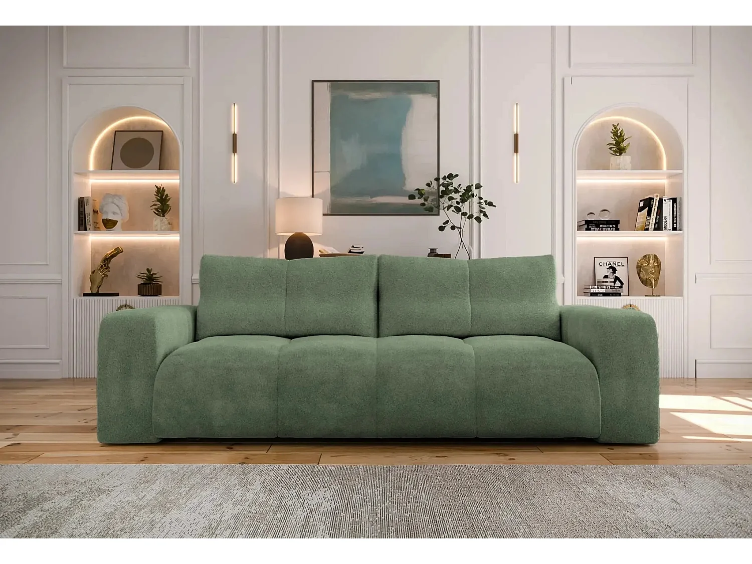 CONSTANCE - Canapé droit convertible tissu bouclette 3 places - Vert