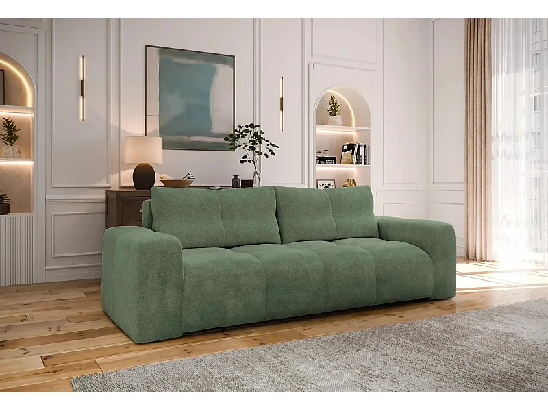 CONSTANCE - Canapé droit convertible tissu bouclette 3 places - Vert