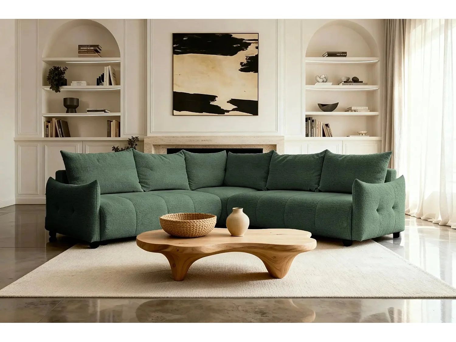 CELINE - Canapé panoramique convertible tissu chenille 5 places - Vert