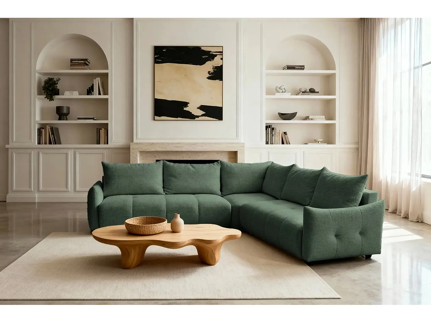 CELINE - Canapé panoramique convertible tissu chenille 5 places - Vert