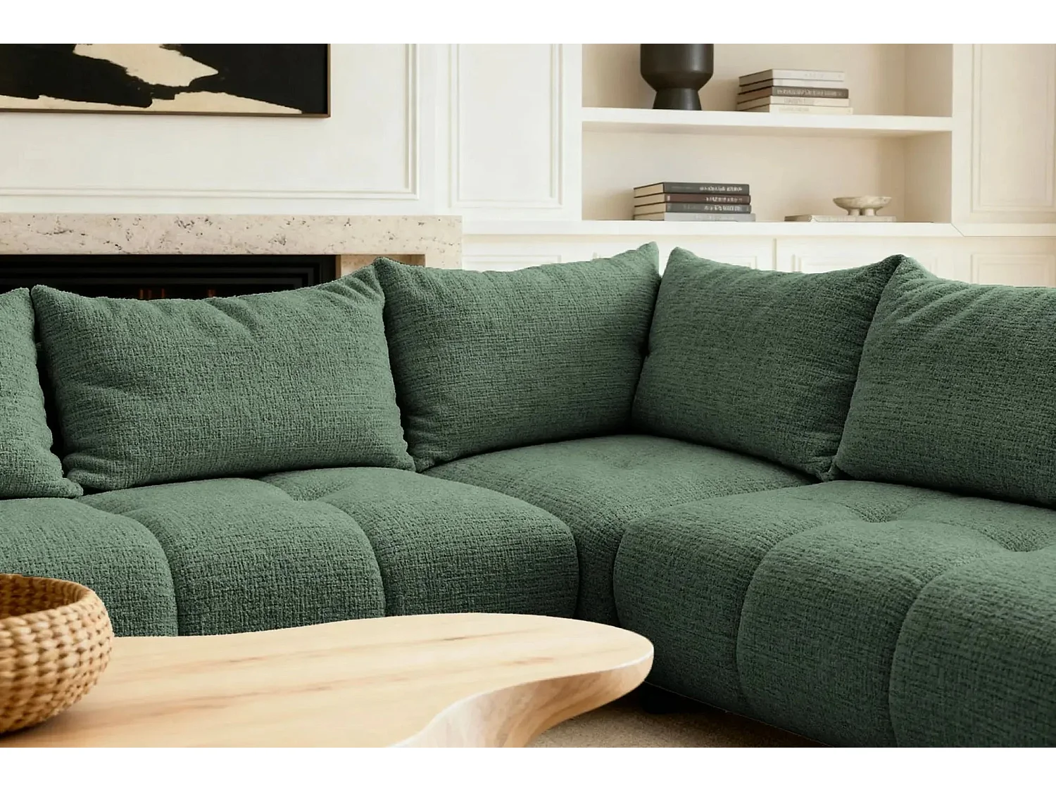 CELINE - Canapé panoramique convertible tissu chenille 5 places - Vert