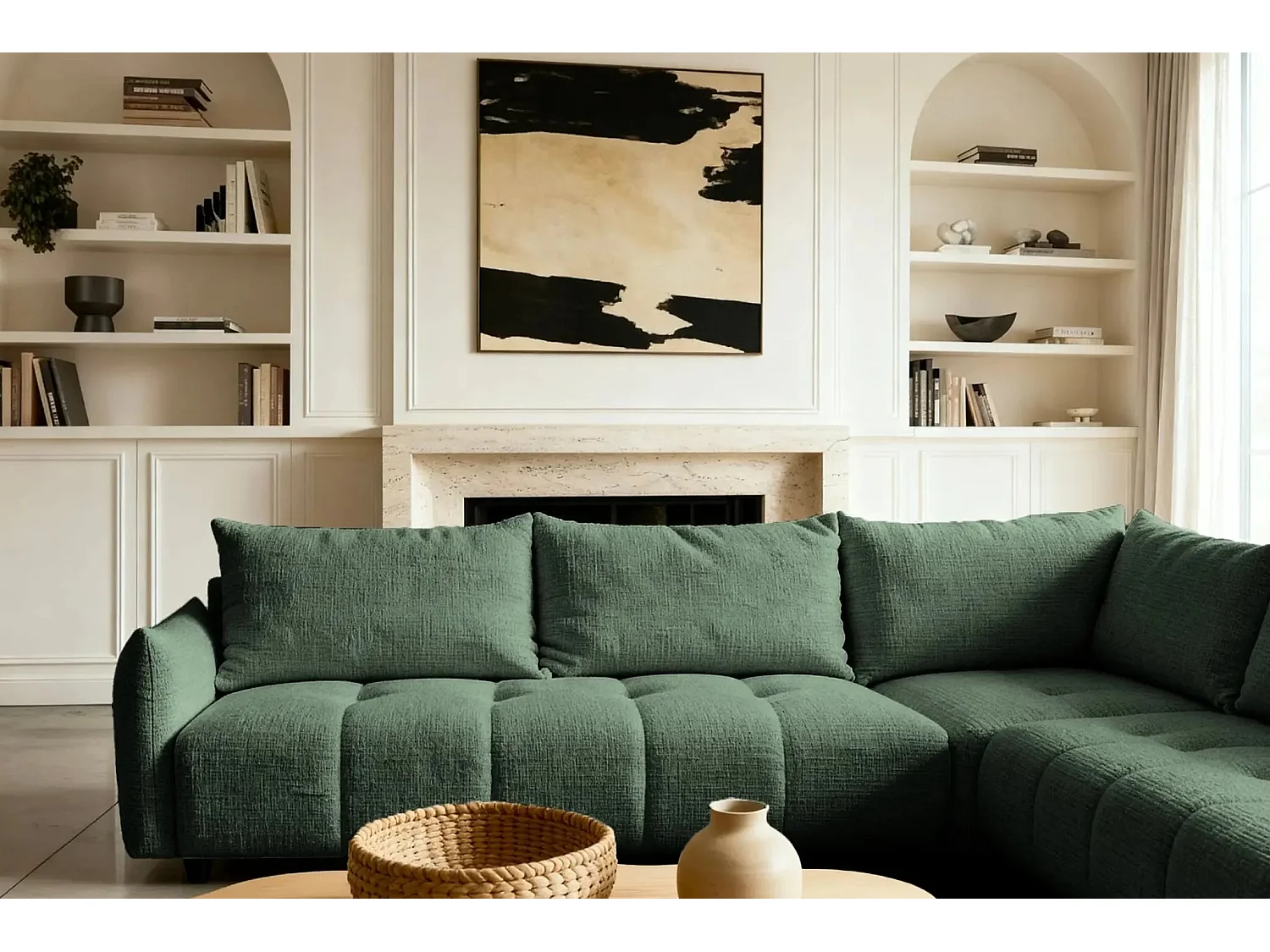 CELINE - Canapé panoramique convertible tissu chenille 5 places - Vert