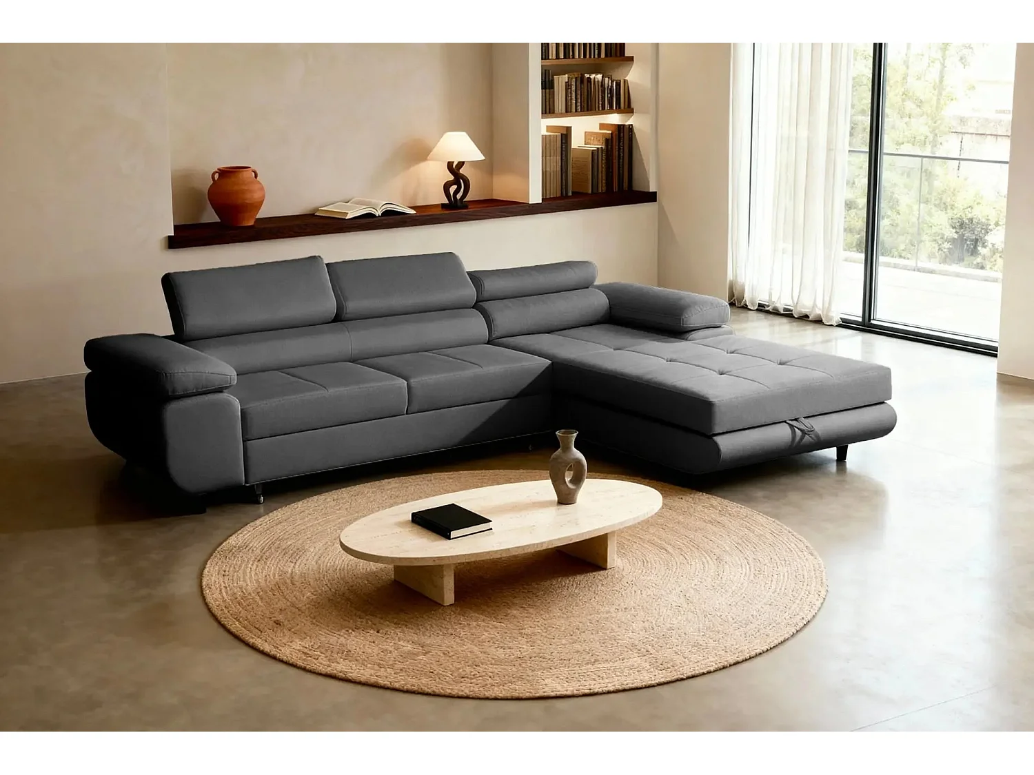 CHARLIE - Canapé d'angle convertible tissu chiné 4 places - Gris foncé - Droit