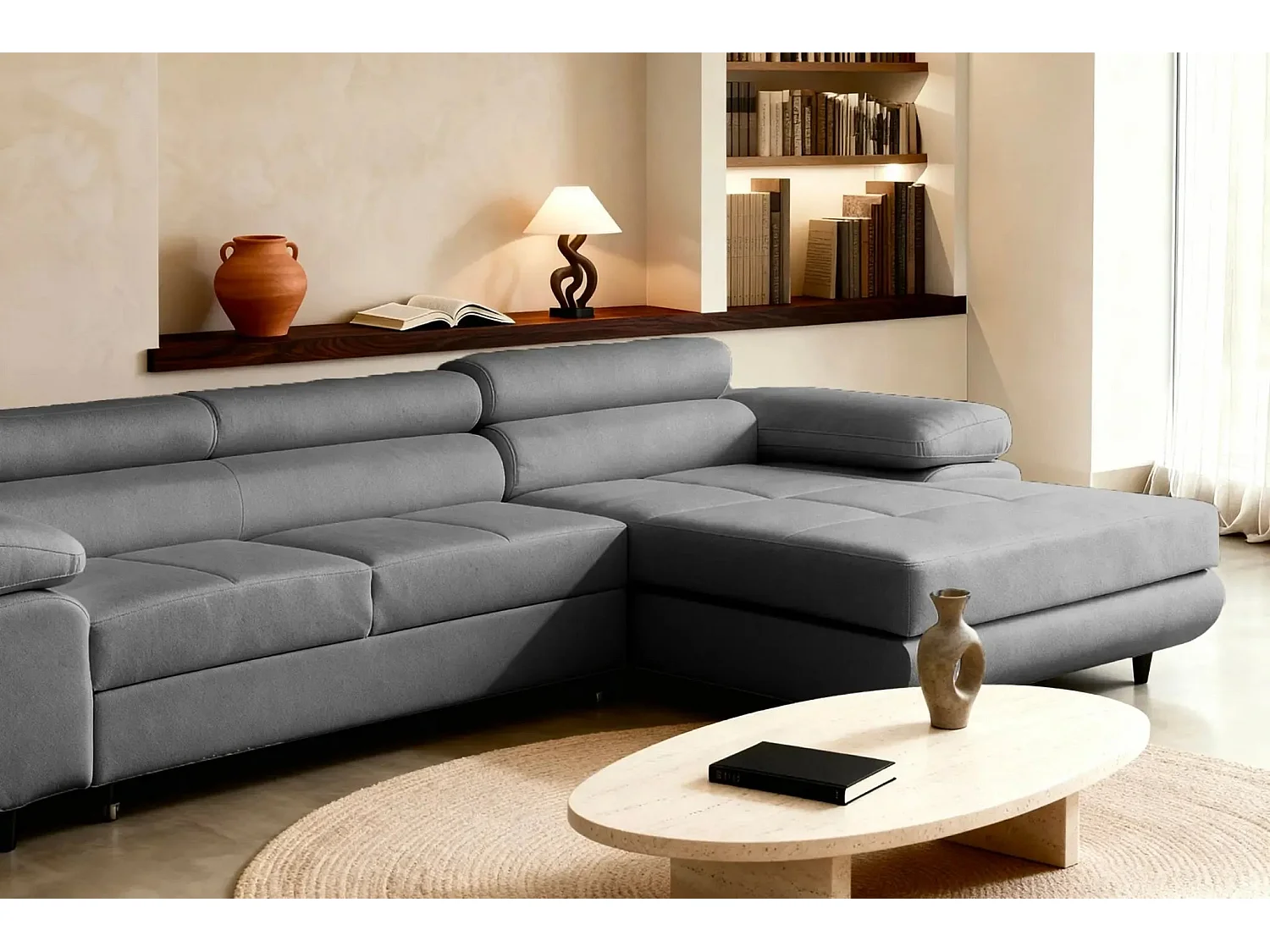 CHARLIE - Canapé d'angle convertible tissu chiné 4 places - Gris foncé - Droit