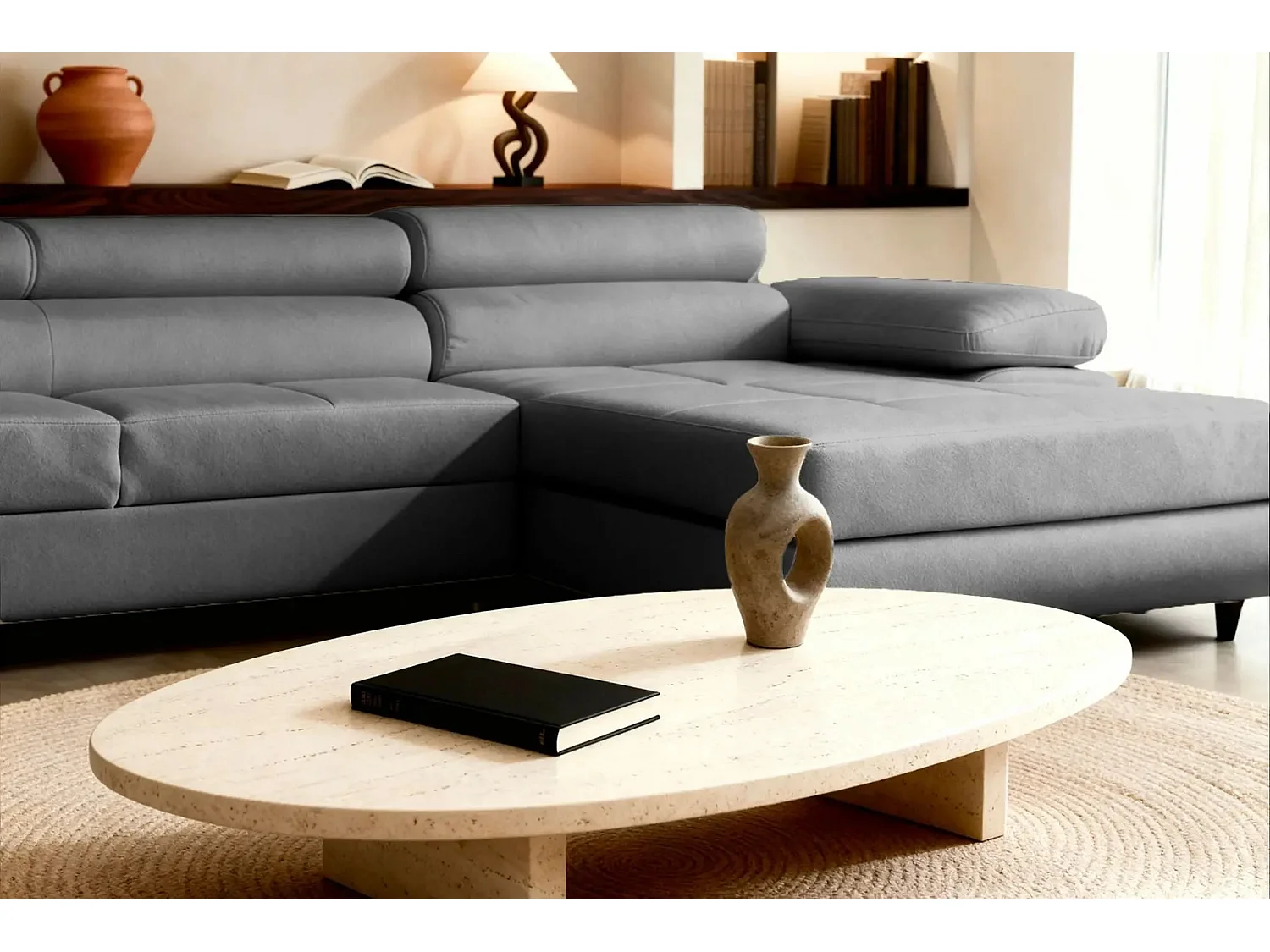 CHARLIE - Canapé d'angle convertible tissu chiné 4 places - Gris foncé - Droit