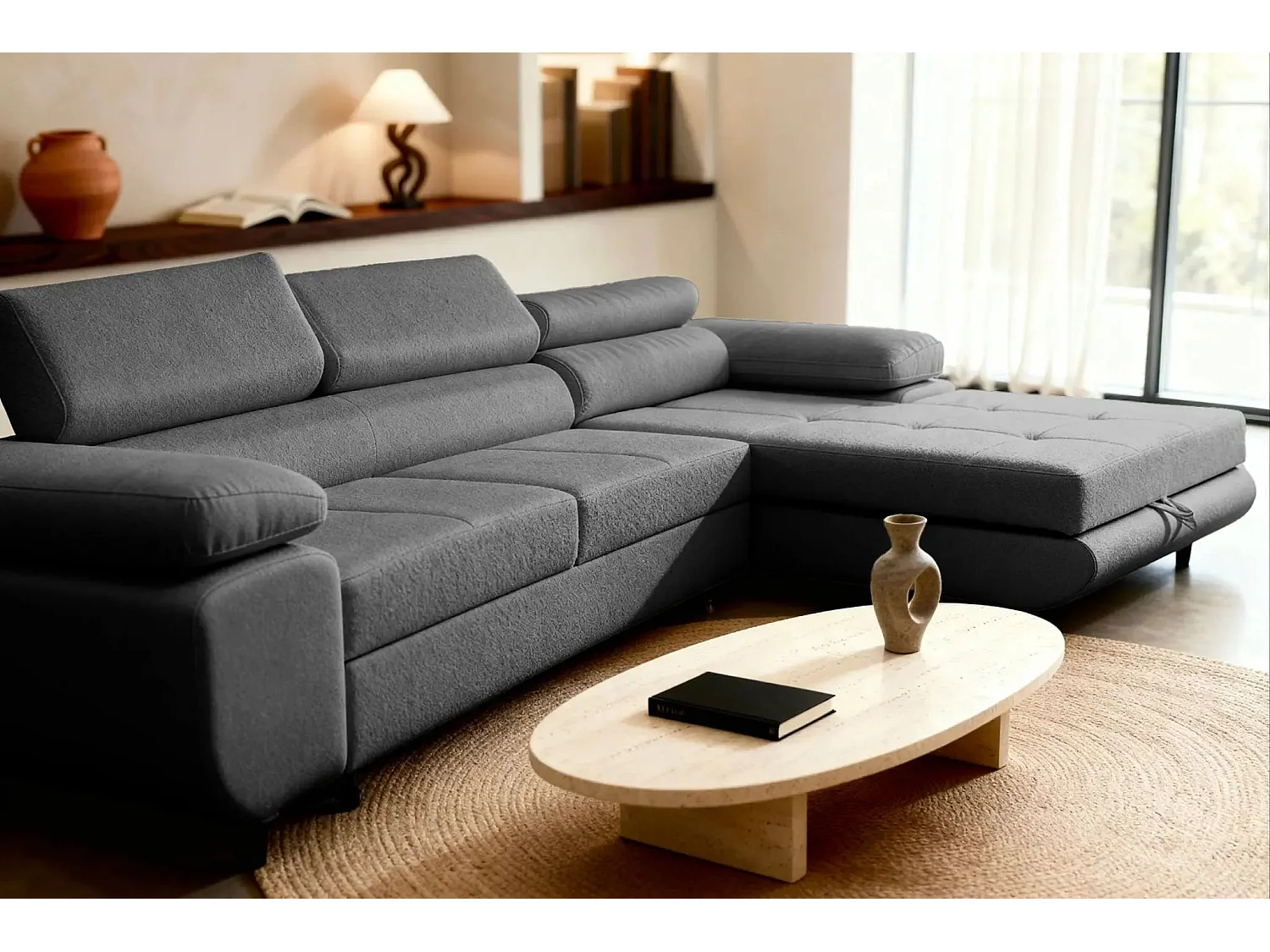 CHARLIE - Canapé d'angle convertible tissu chiné 4 places - Gris foncé - Droit