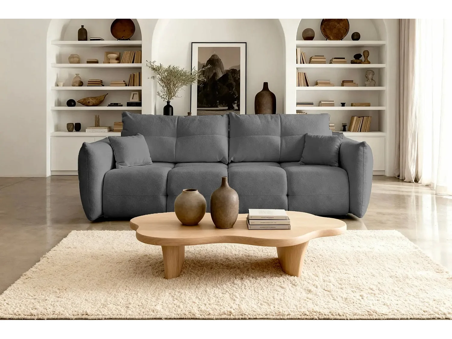 JUNE - Canapé droit convertible tissu bouclette 2 places - Gris foncé