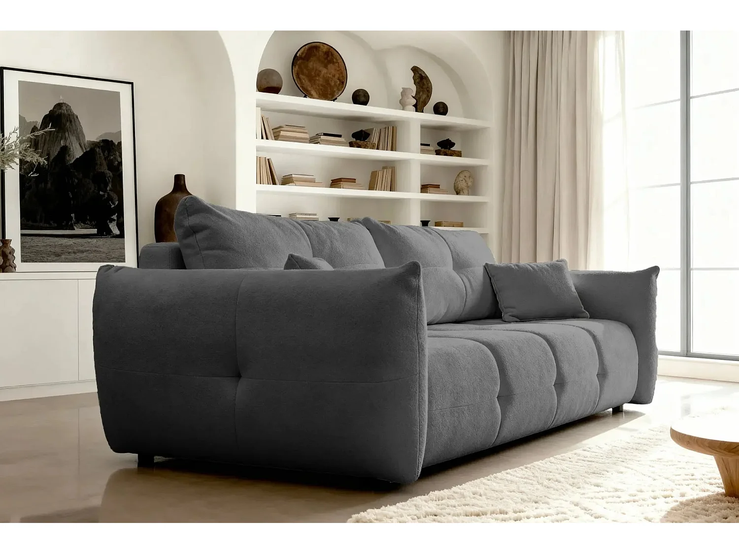 JUNE - Canapé droit convertible tissu bouclette 2 places - Gris foncé