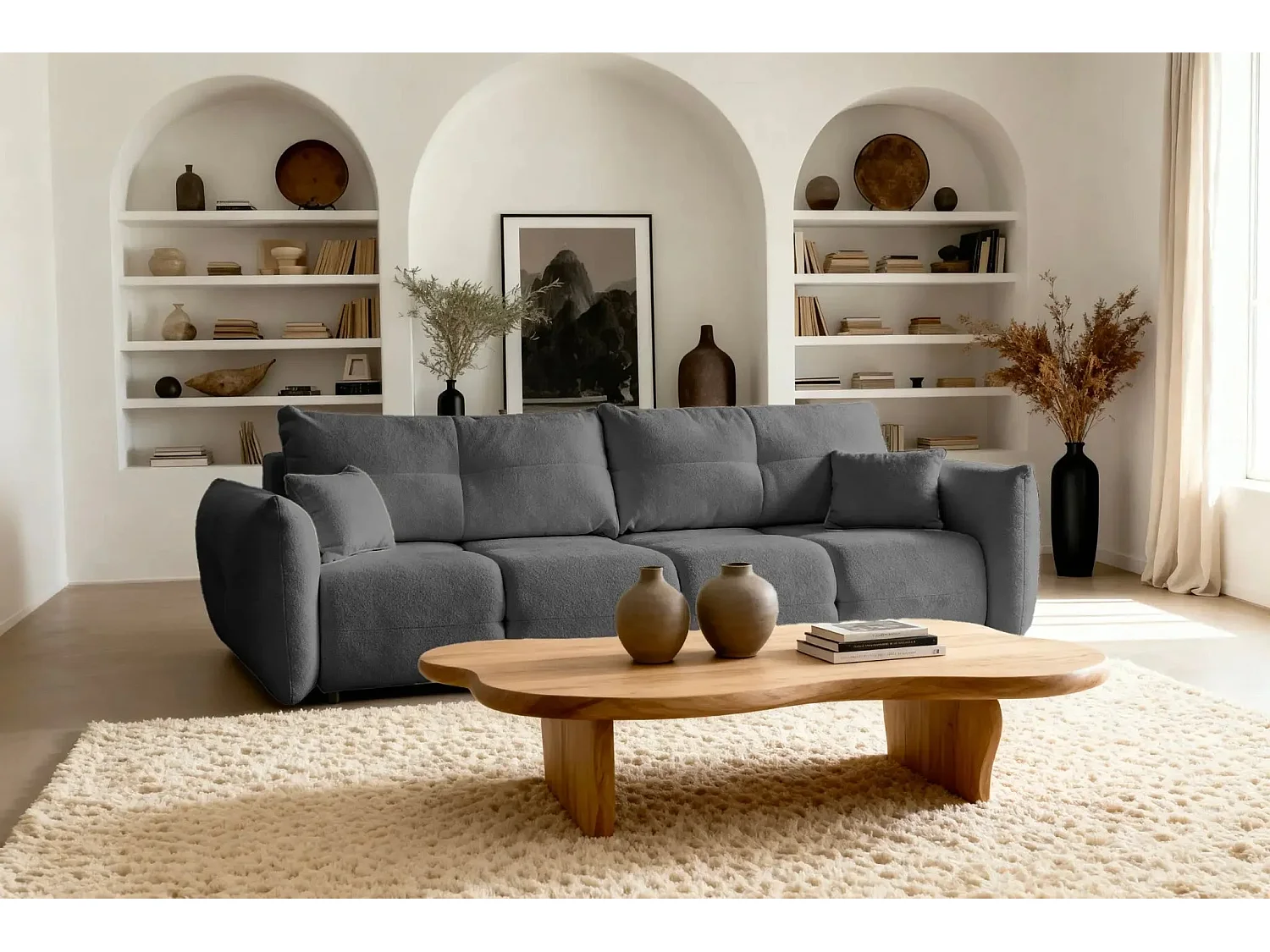 JUNE - Canapé droit convertible tissu bouclette 2 places - Gris foncé