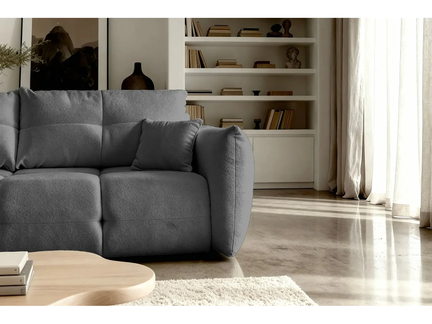 JUNE - Canapé droit convertible tissu bouclette 2 places - Gris foncé