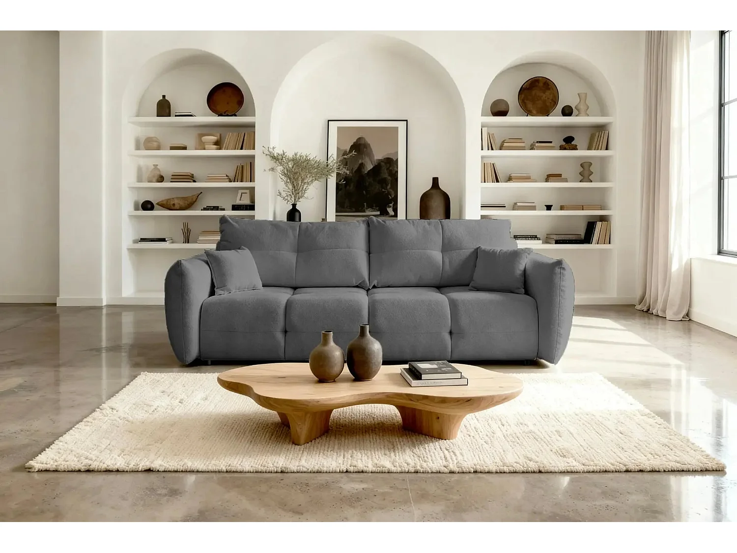 JUNE - Canapé droit convertible tissu bouclette 2 places - Gris foncé