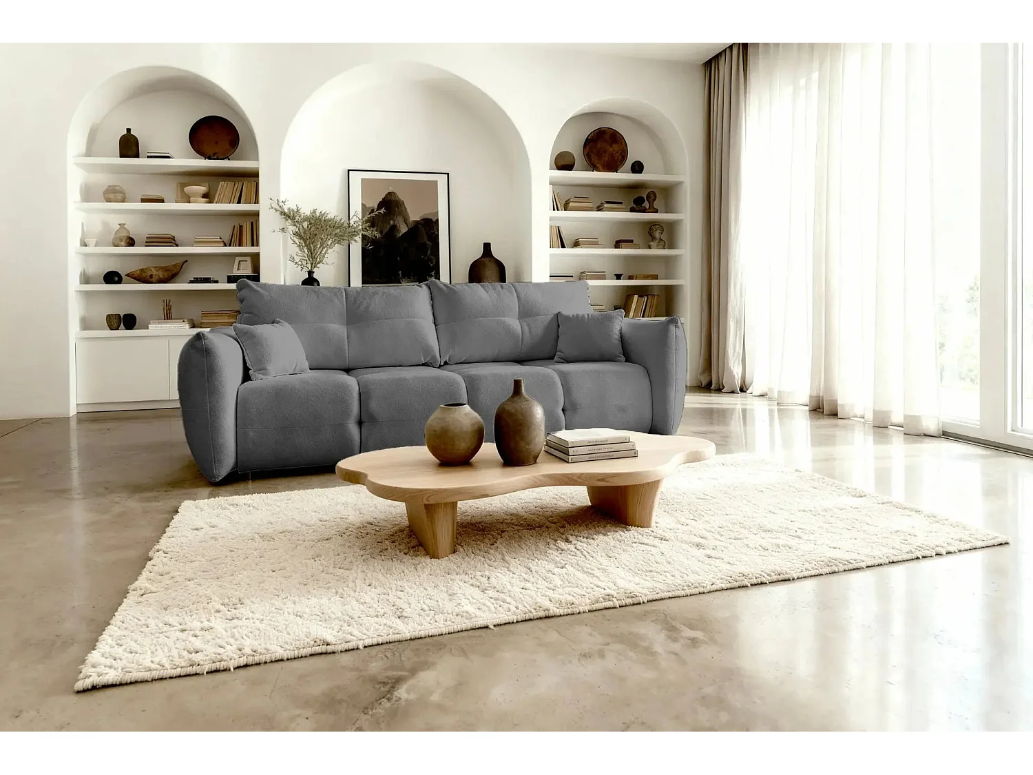 JUNE - Canapé droit convertible tissu bouclette 2 places - Gris foncé