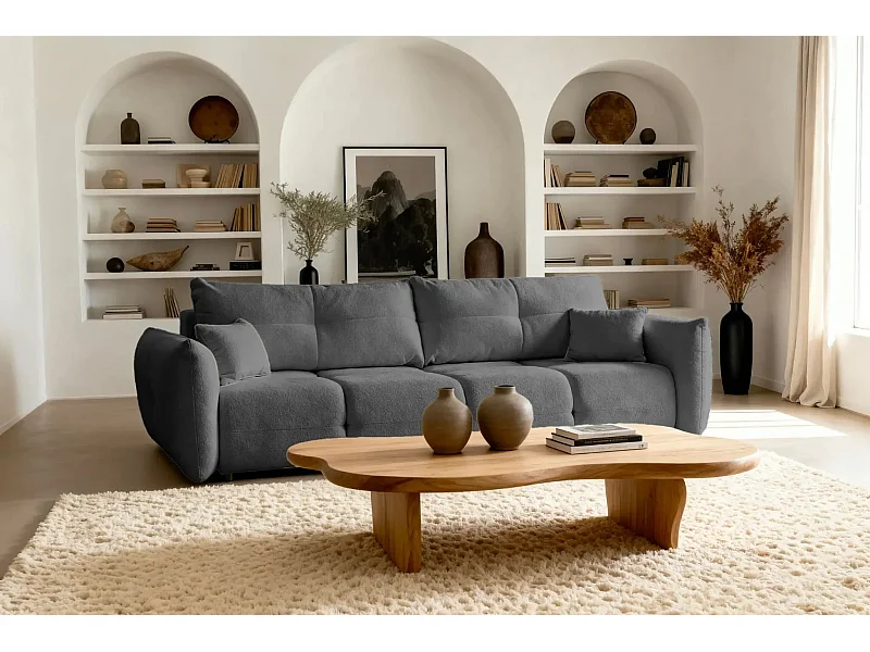 JUNE - Canapé droit convertible tissu bouclette 2 places - Gris foncé