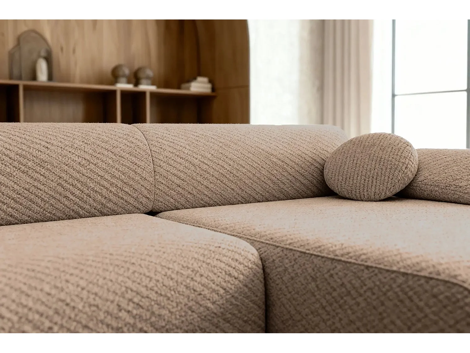 LEVI - Canapé d'angle convertible tissu lisse 3 places - Café - Gauche