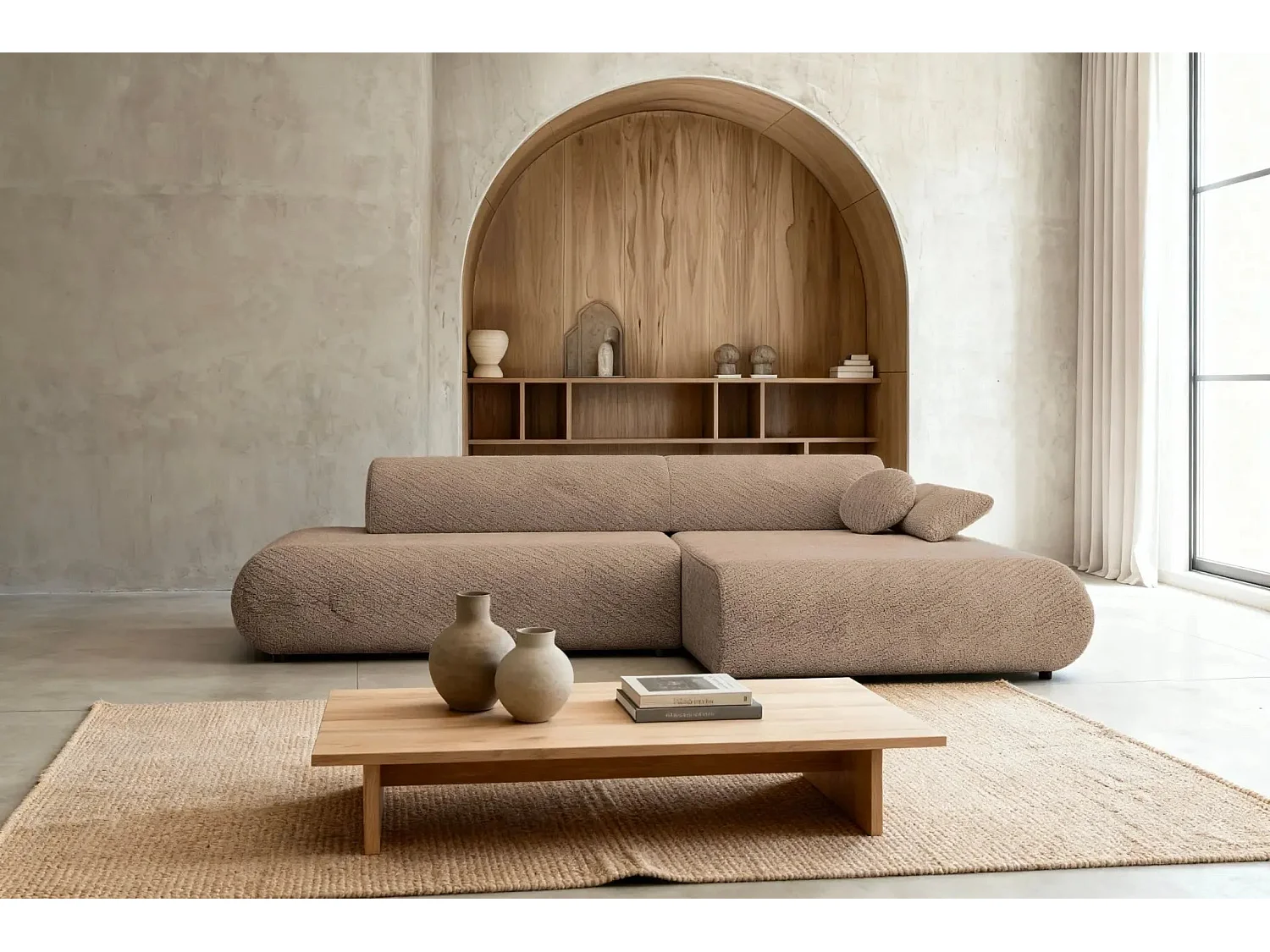 LEVI - Canapé d'angle convertible tissu lisse 3 places - Café - Gauche