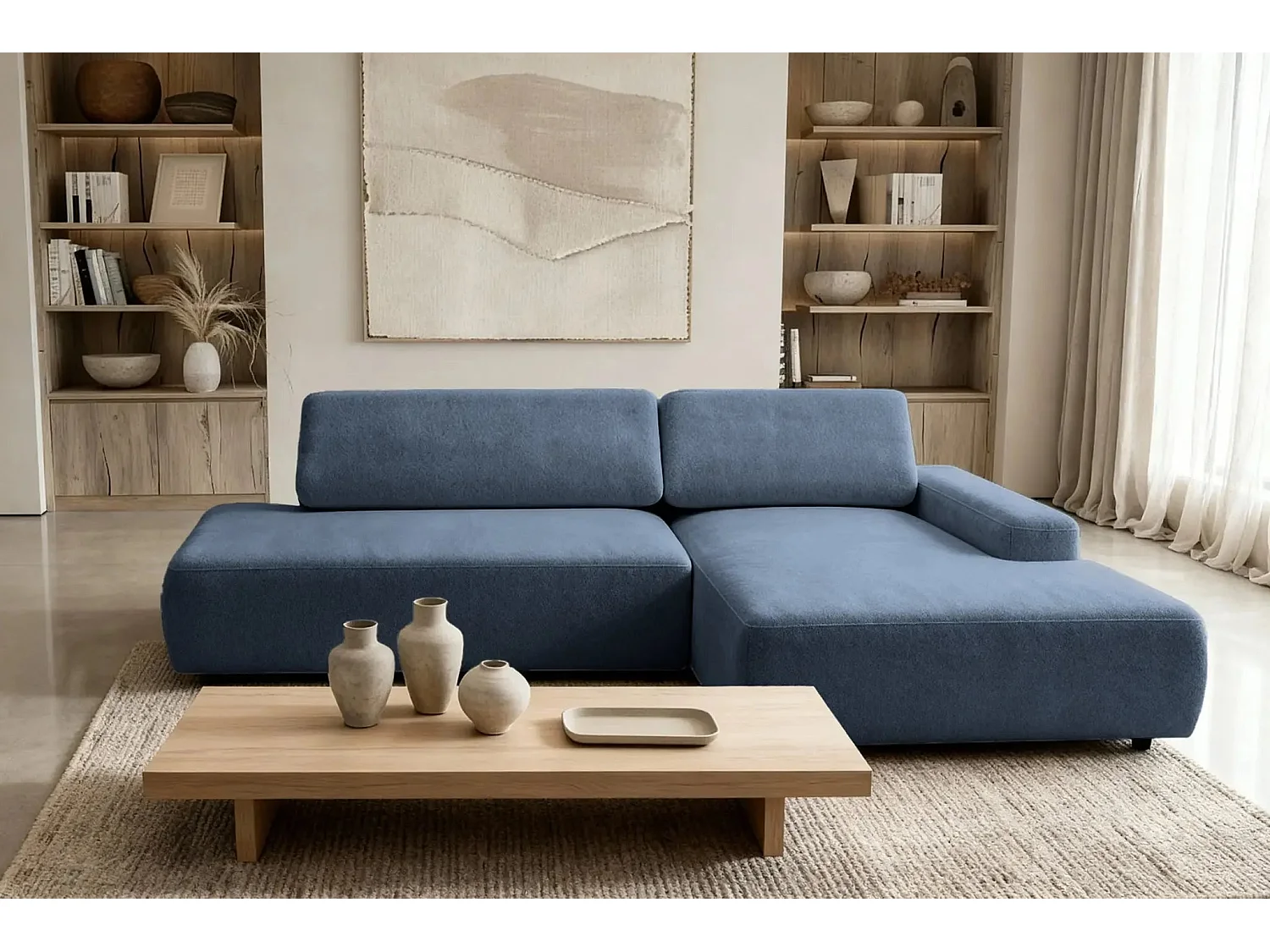 IVY O - Canapé d'angle convertible coffre tissu chiné 3 places - Bleu - Gauche