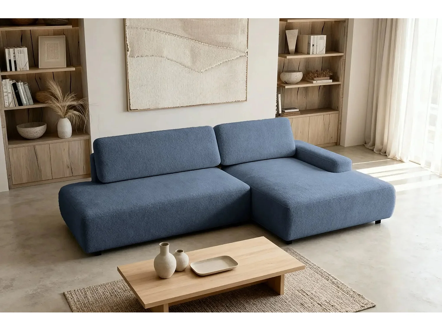 IVY O - Canapé d'angle convertible coffre tissu chiné 3 places - Bleu - Gauche