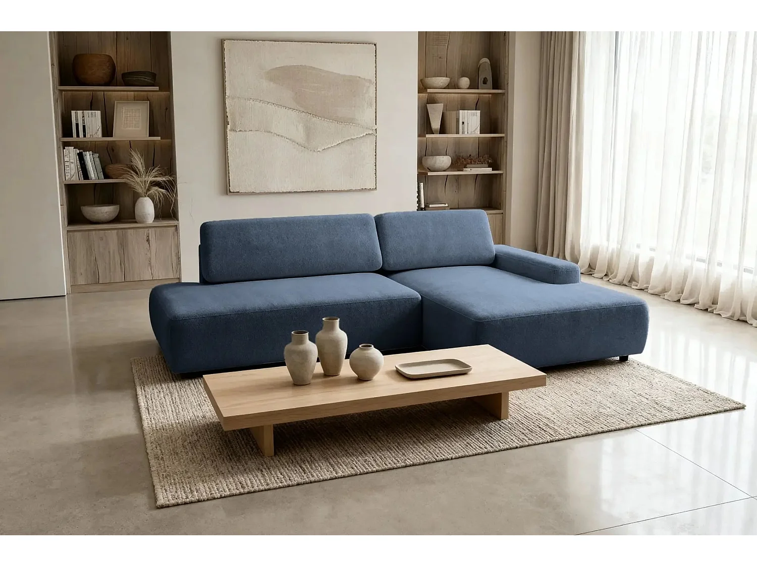 IVY O - Canapé d'angle convertible coffre tissu chiné 3 places - Bleu - Gauche