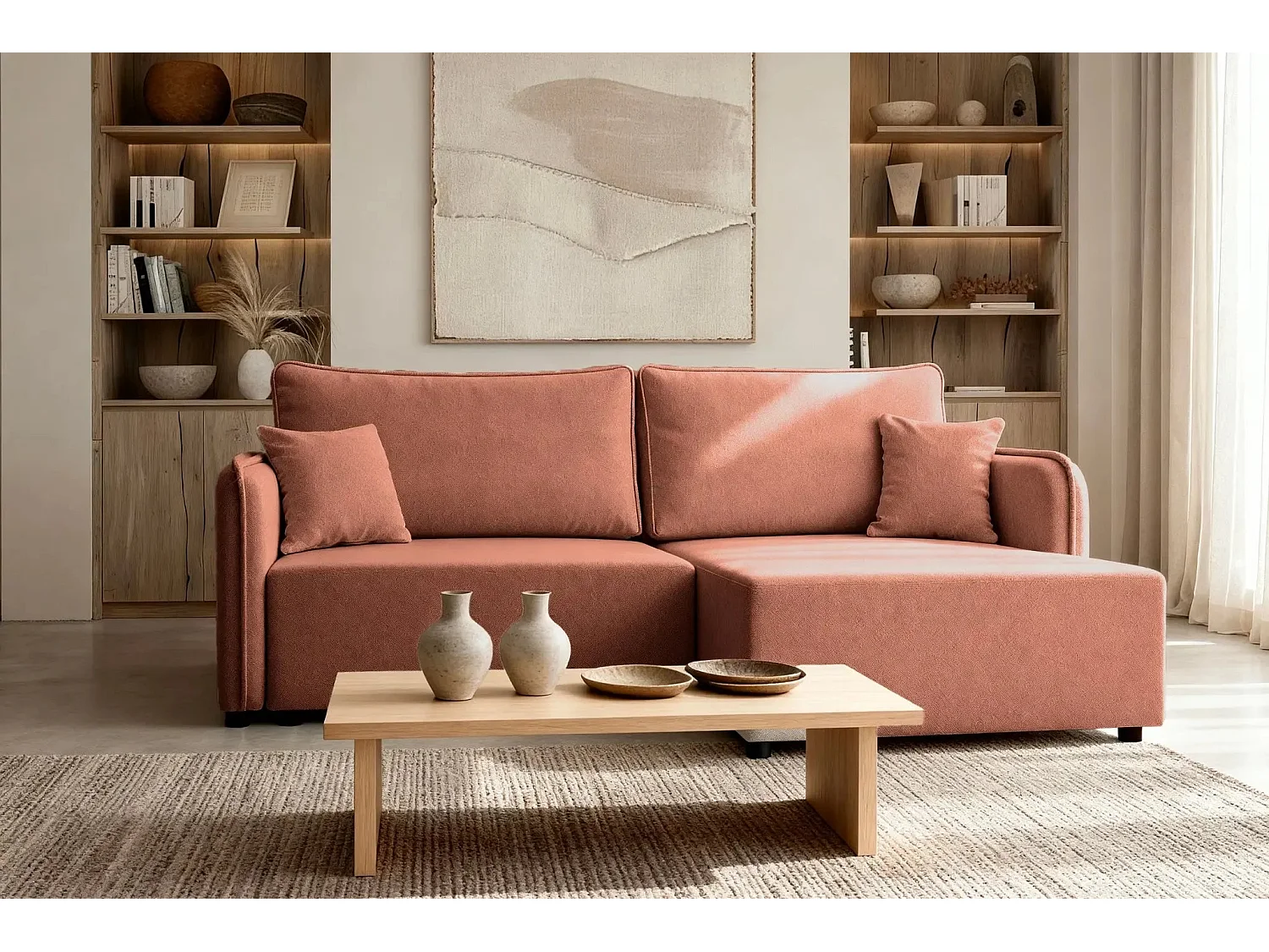 BONNIE - Canapé d'angle convertible tissu lisse 3 places - Terracotta - Droit