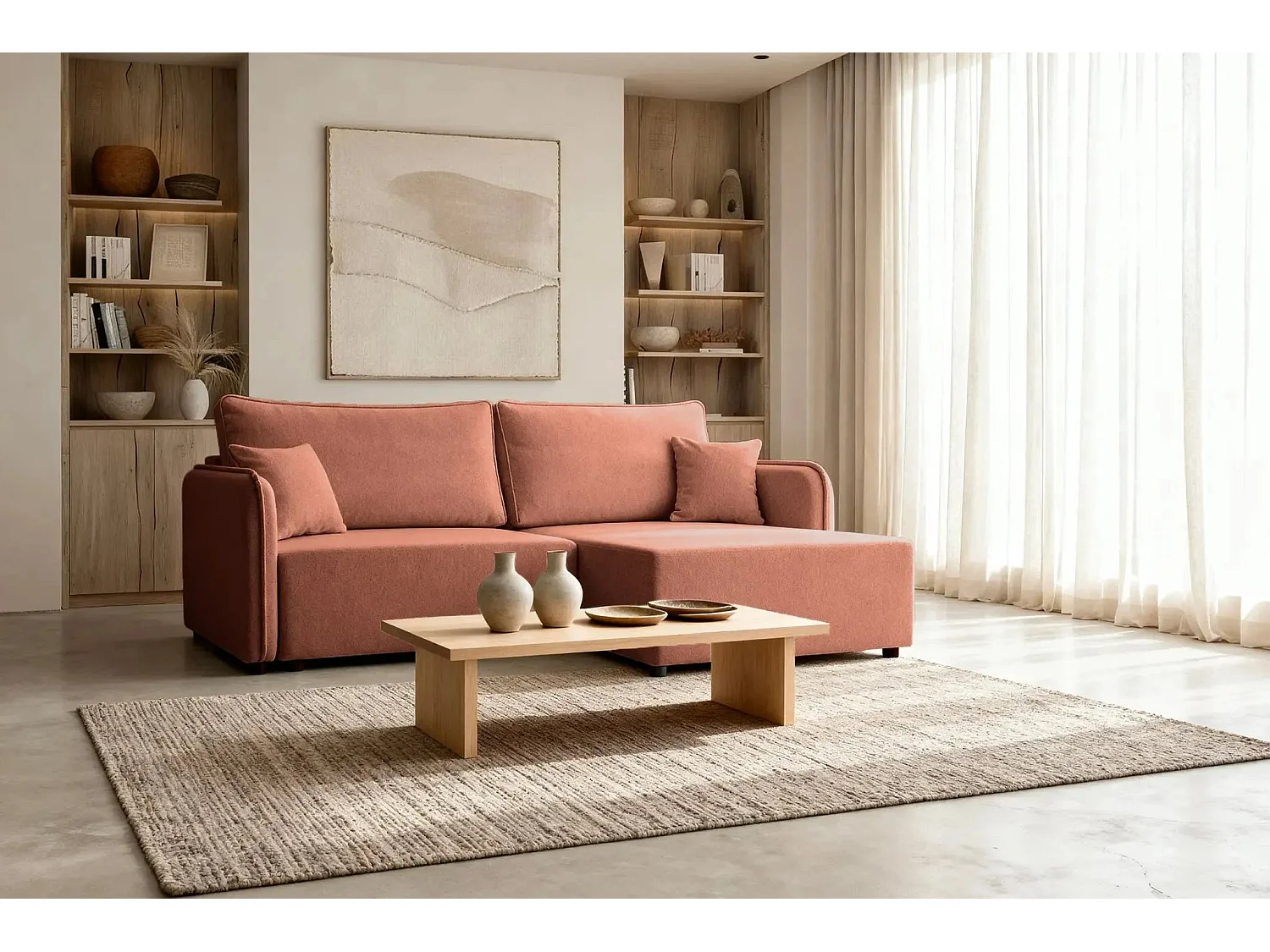 BONNIE - Canapé d'angle convertible tissu lisse 3 places - Terracotta - Droit