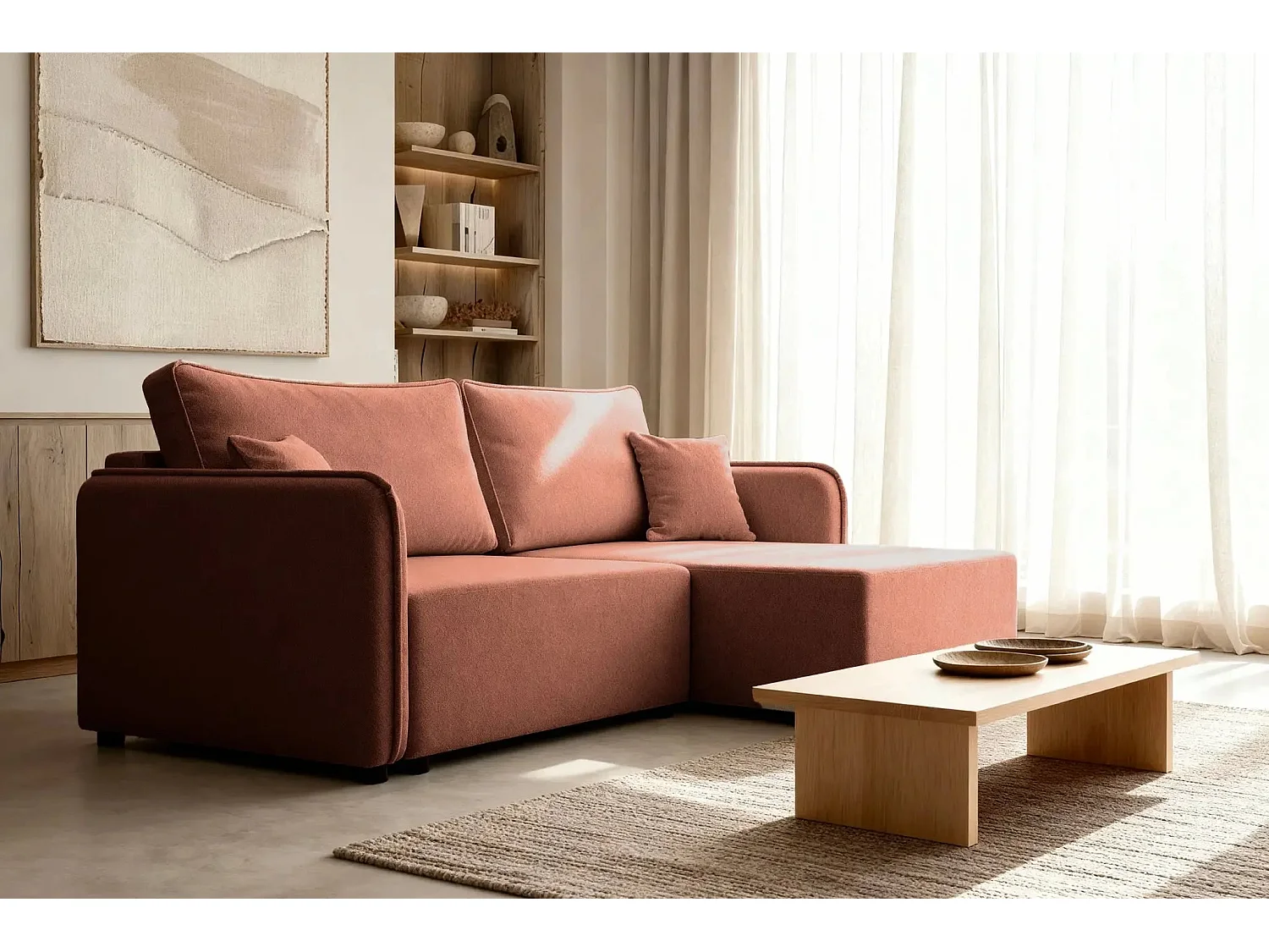 BONNIE - Canapé d'angle convertible tissu lisse 3 places - Terracotta - Droit