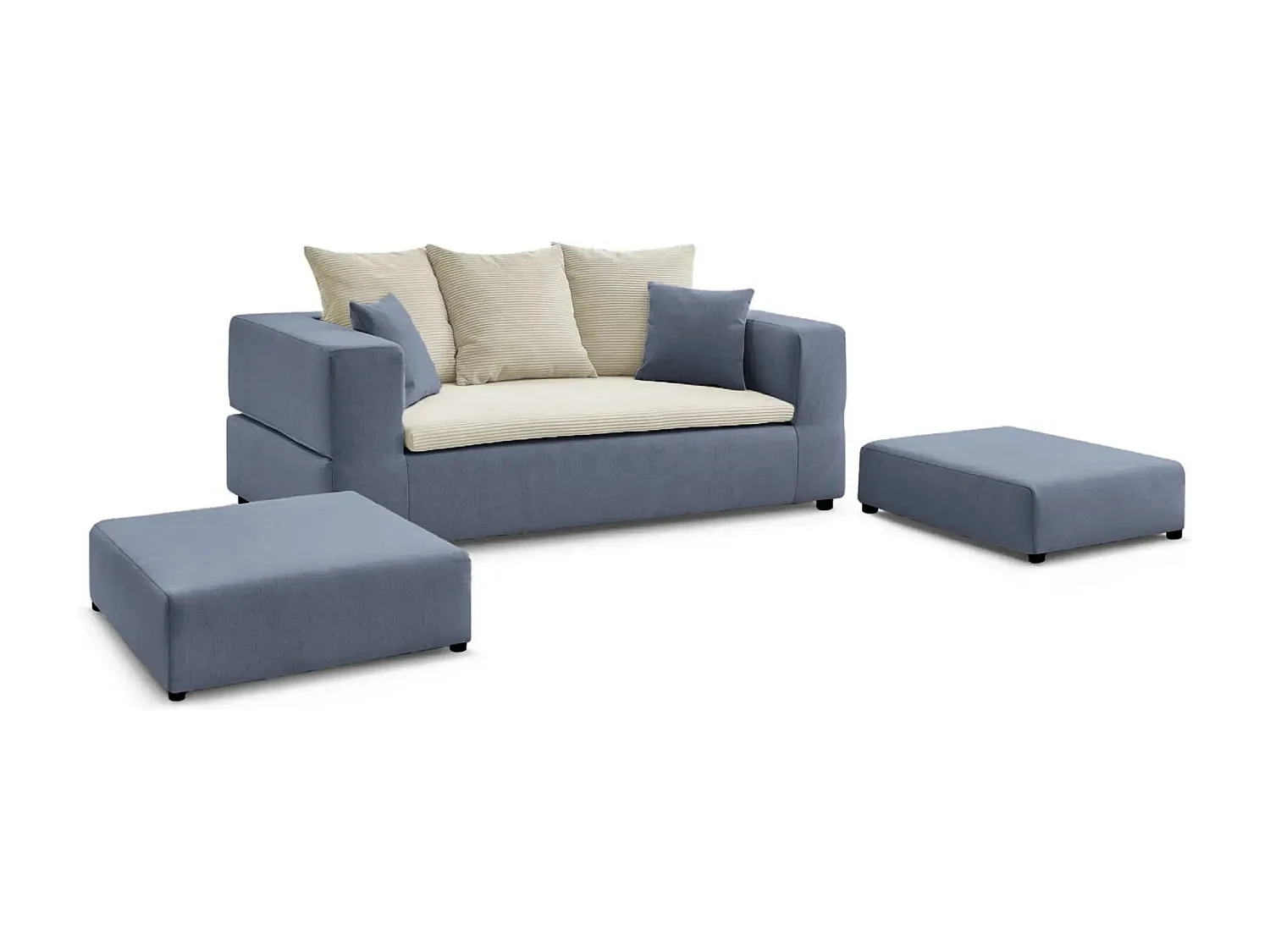AMBRE - Canapé droit convertible bi matière avec deux poufs 4 places - Bleu