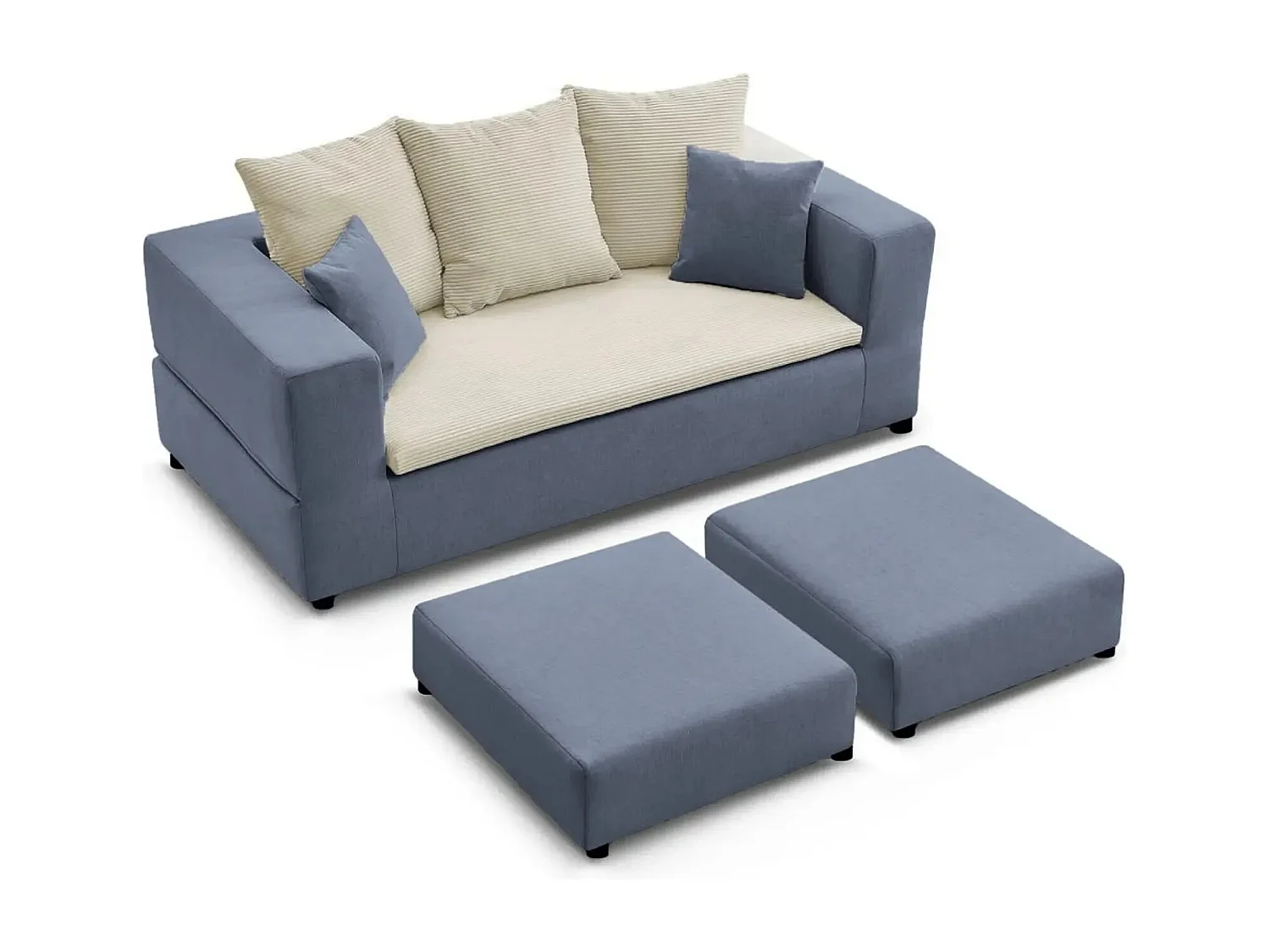 AMBRE - Canapé droit convertible bi matière avec deux poufs 4 places - Bleu